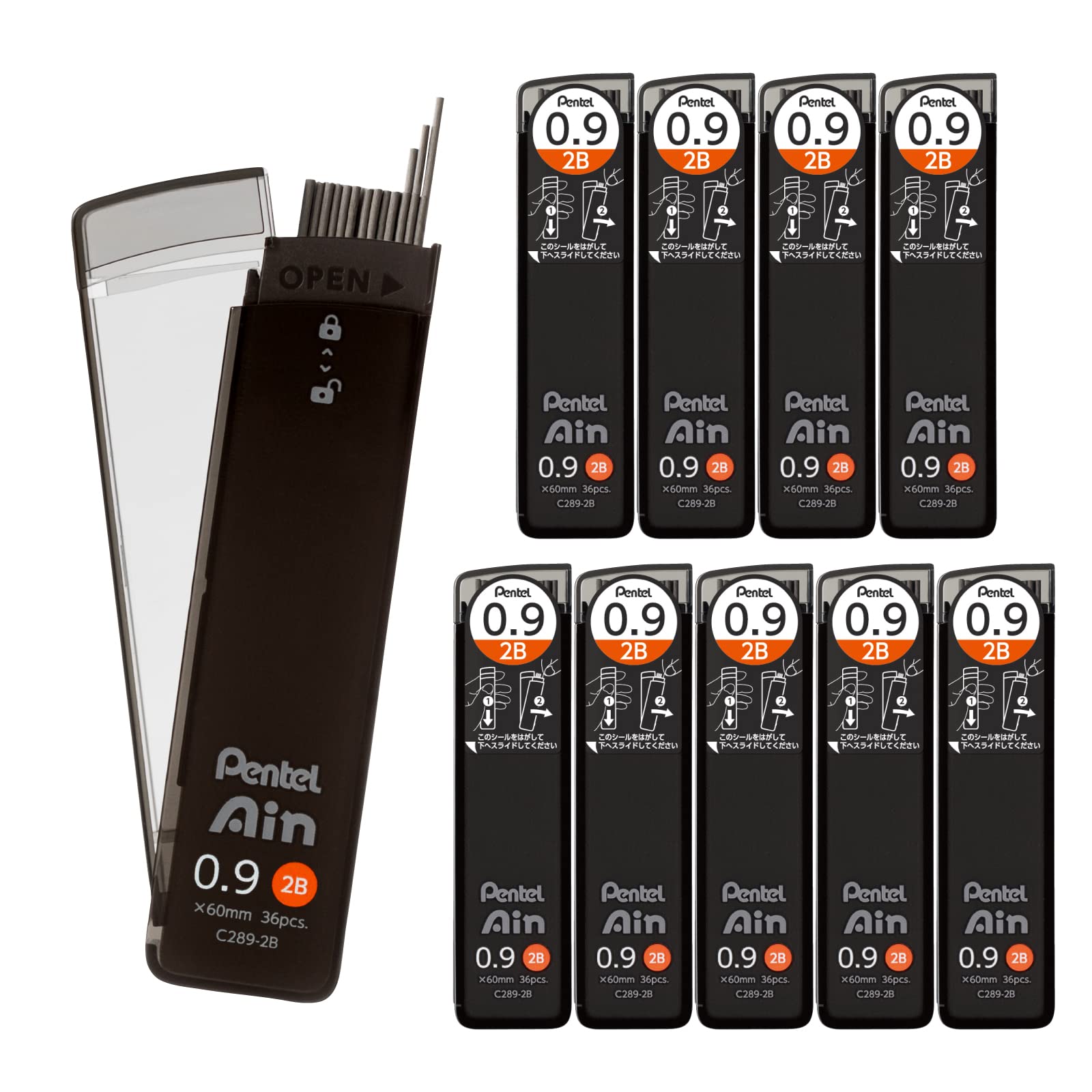 Pentel Ain Lead Refill • 0,9 mm • 2B • Caja de 10