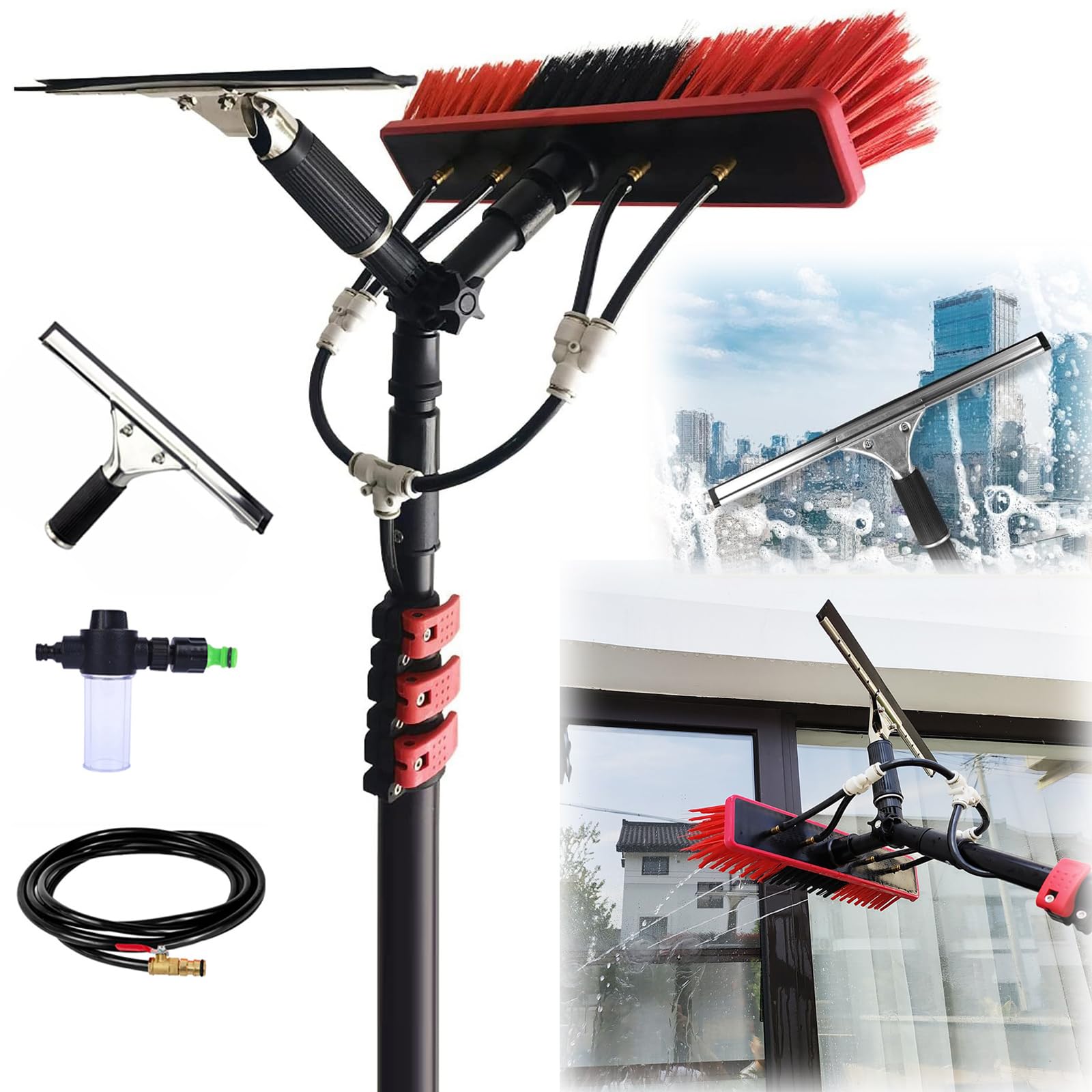 LMMIAOZ Window Cleaning Brush with Squeegee | 3.6-10.8 M Extandable Telescopic | Water Fed Window Cleaning Pole Aluminium, Cleaner for Solar Panels, Cleaning Equipment, Soap Disp