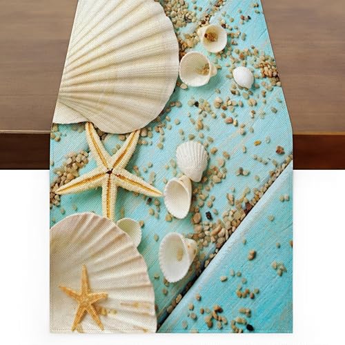 Table Runner Shell Starfish Beach, Autumn Rustic Linen Table Cloth Kitchen Dining Table Decor for Home Party 13 x 72 Inches