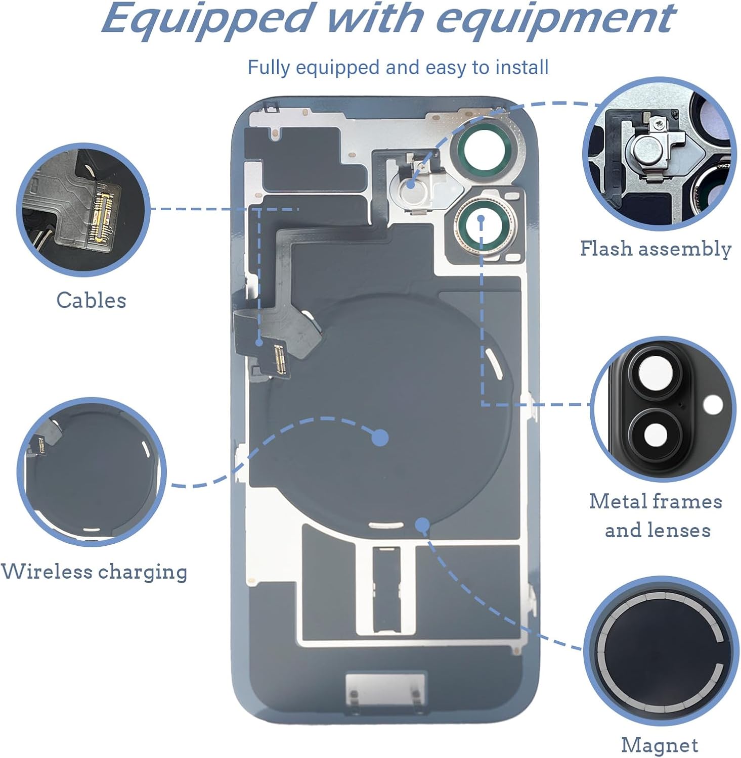 16 Back Glass Replacement with Wireless Charging Flex Cable and Camera Frame All Parts for iPhone 16 (6.1 Inch Black) Replacement of Equipment Waterproof Tape
