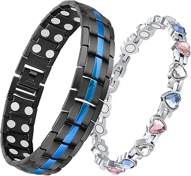 Feraco Magnetic Bracelets for Men Women Titanium Steel Double Row Strong Magnets Bracelet with Unique Blue Line, Adjustable Bracelet Pack of 2