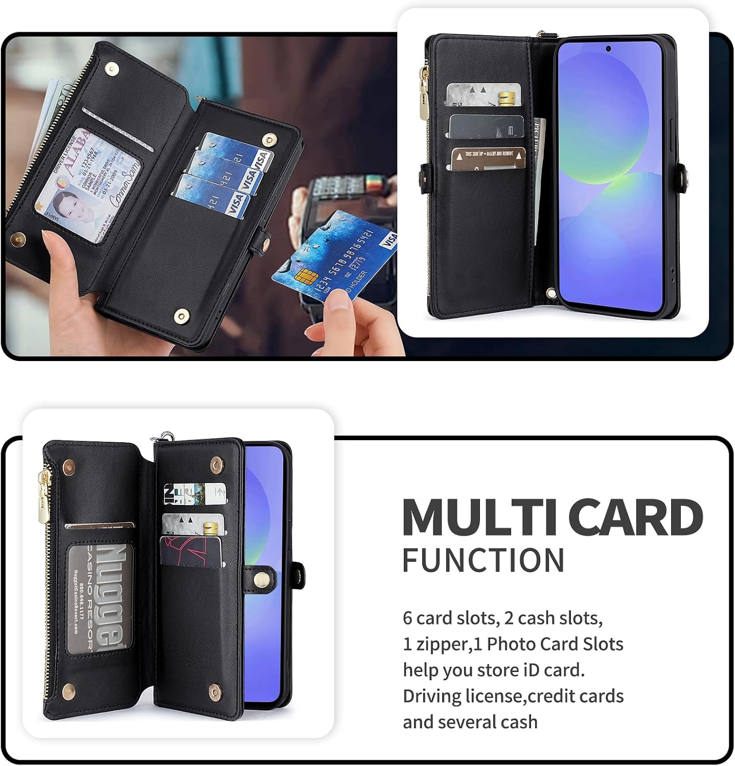 Asuwish Phone Case for Samsung Galaxy A36 5G Wallet Zipper Cover with Tempered Glass Screen Protector and Wrist Strap Card Holder Slot Flip Cell Accessories A 36 36A LTE SM-A366U Women Men Black image 2