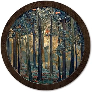 PeakClub Vintage Nature Forest Round Wooden Wall Art, Rustic Dark Cottagecore Mystical Forest Landscape Wall Decor for Home Bedroom Living Room Office Bathroom Gallery, 10x10 Inch