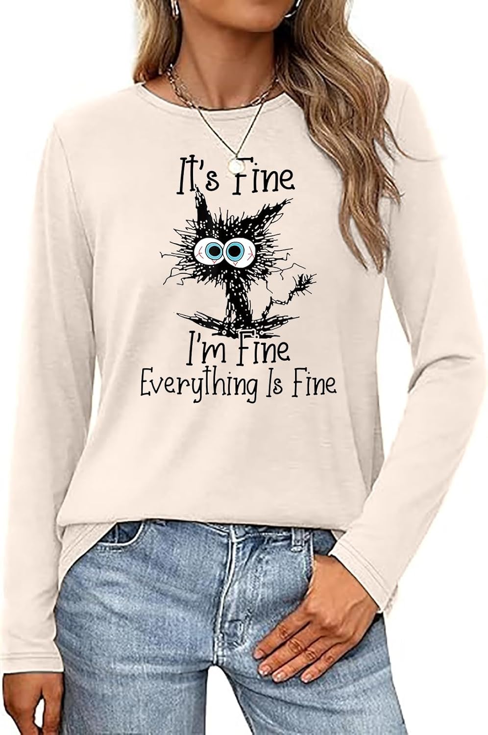 It's Fine I'm Fine Everything is Fine Funny Cat Printed T-Shirt for Women Long Sleeve