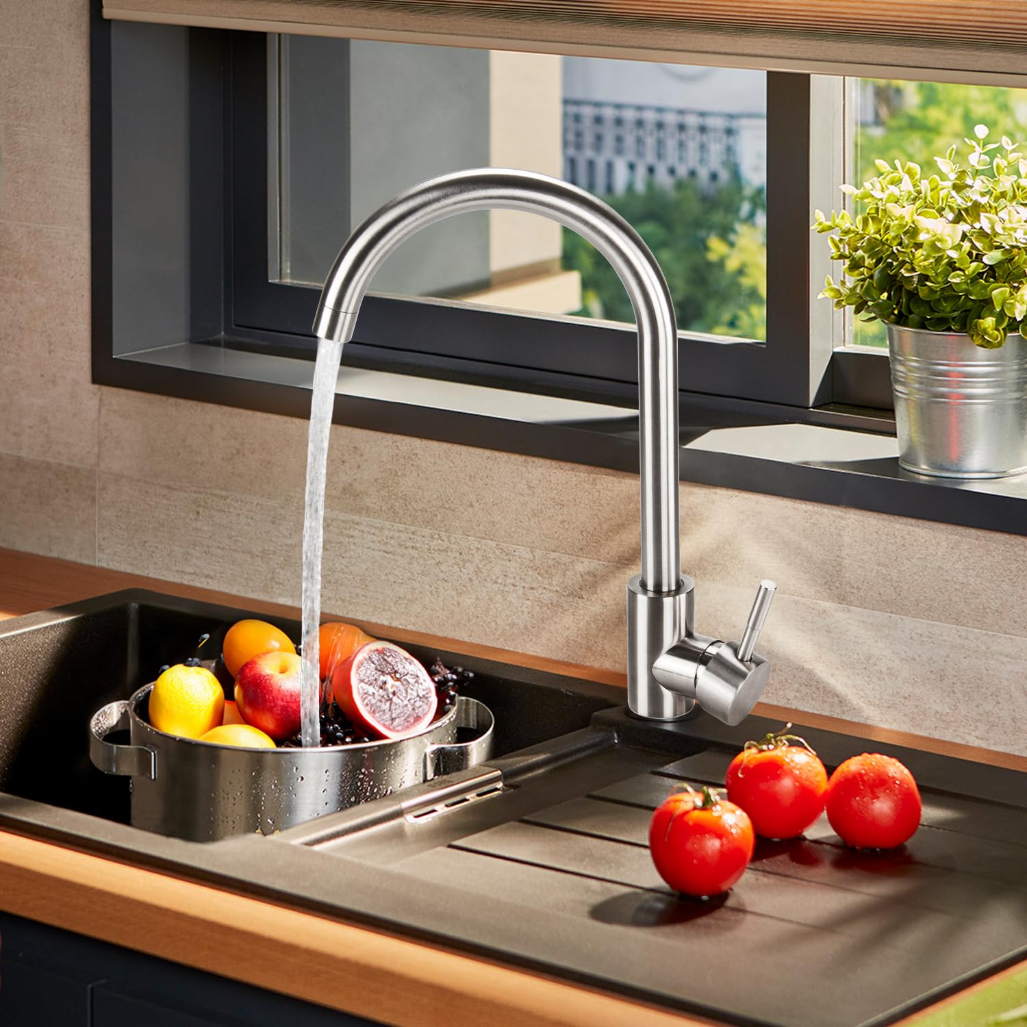 Grifos para fregadero Grifo de cocina de una sola palanca, Grifo de Cocina para Acero Inoxidable, giratorio 360, para Agua Caliente y Fría, En forma de C (Plata)