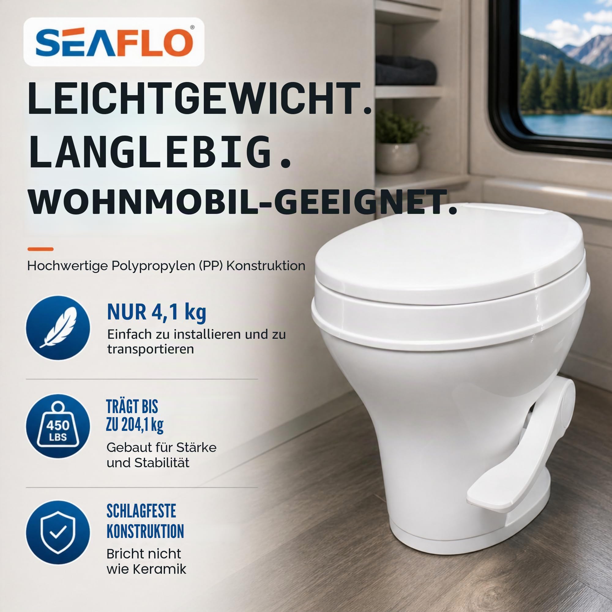SEAFLO Wohnmobil-WC – Standardhöhe, Schwerkraftspülung, Fußpedal, sanft schließender Deckel