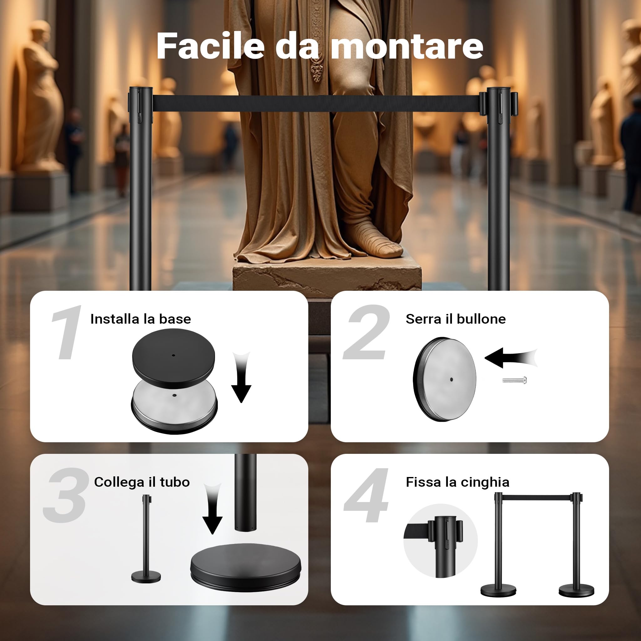 Wiltec Colonnine tendinastro 320 x 70 x 900 mm, Set 2 paletti delimitatori in acciaio con nastro nero