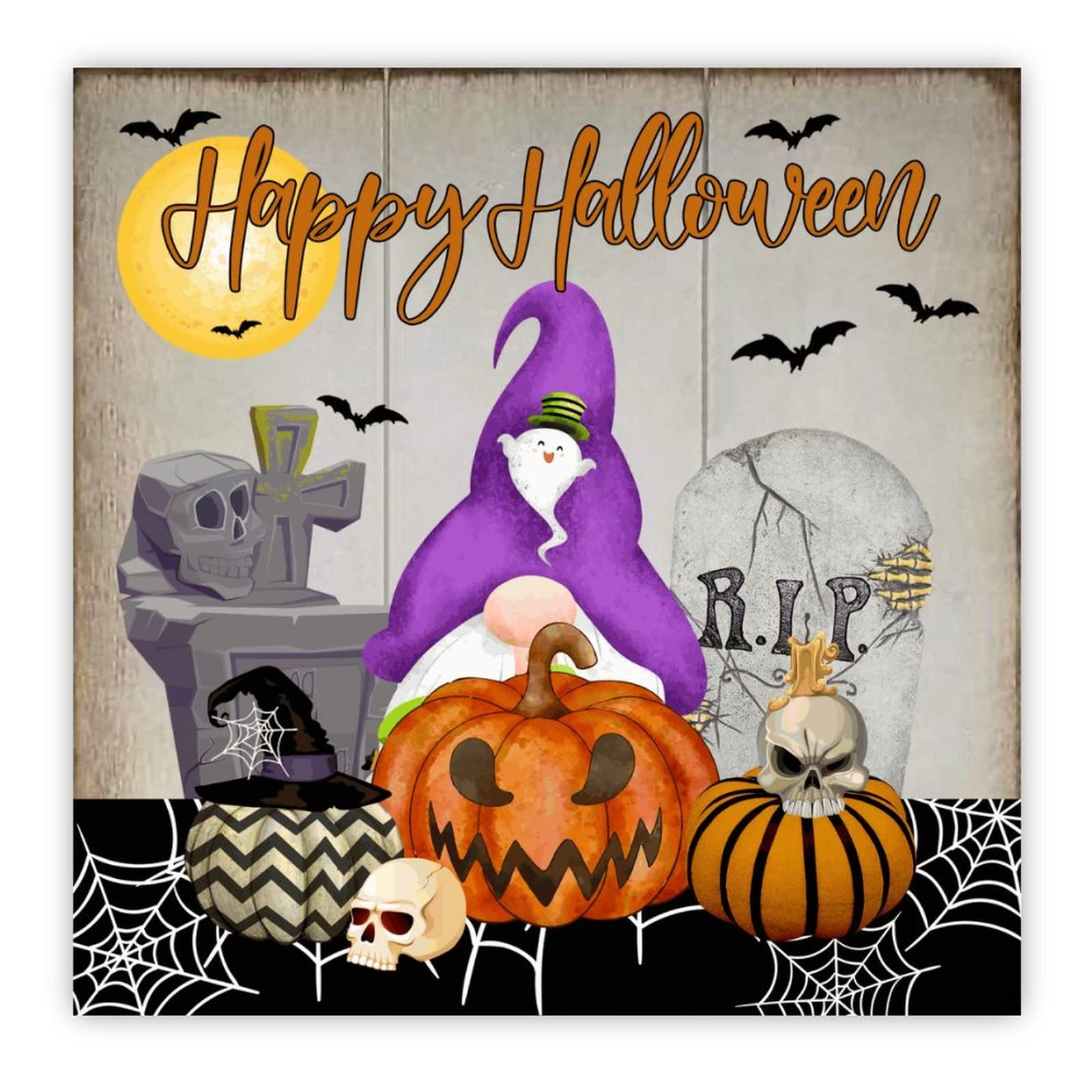 Panneau mural en bois Halloween nain et citrouille décor festif de 40x40 cm