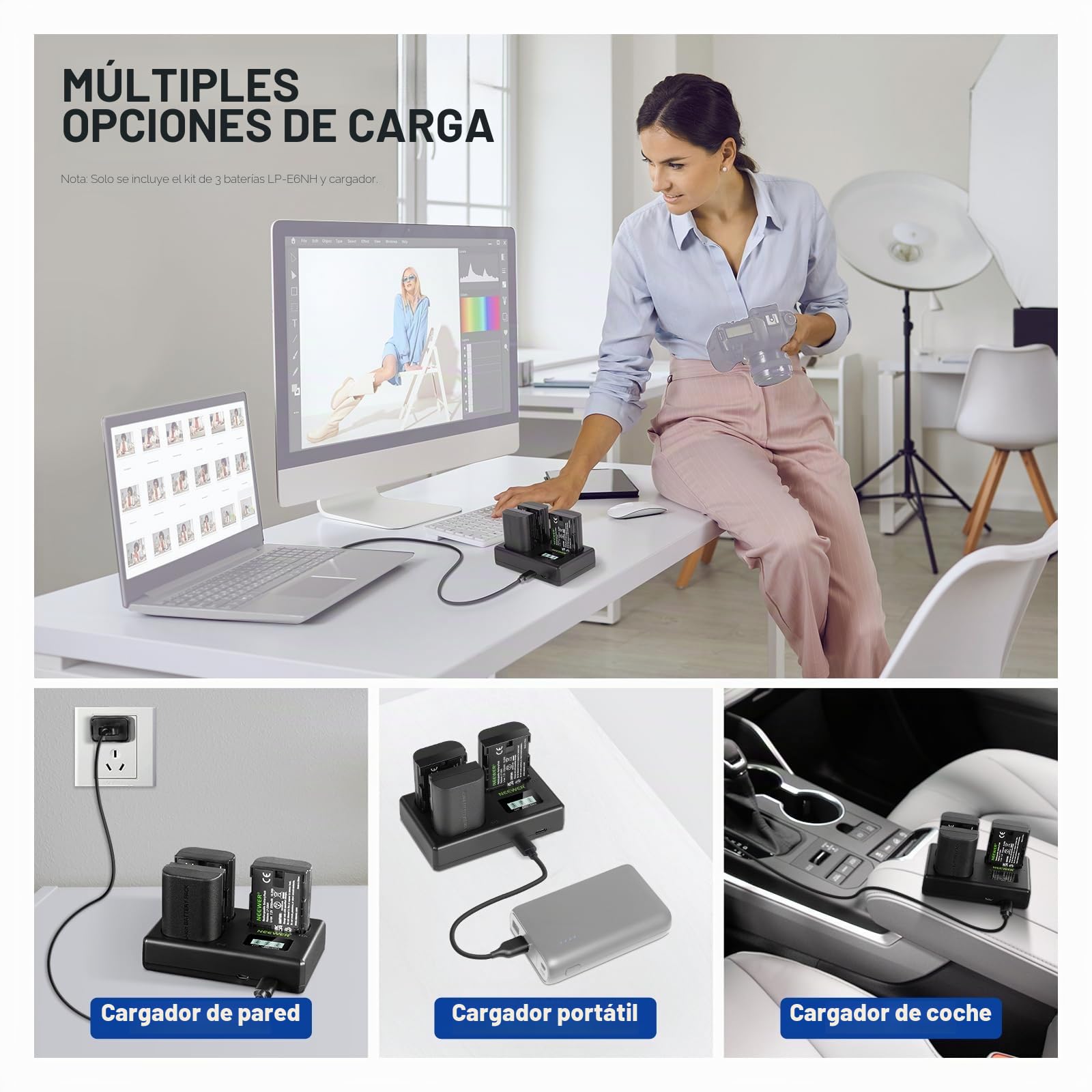 NEEWER LP-E6NH - Batería de Repuesto y Cargador USB, 3 Unidades, 2250 mAh, Repuesto para batería LP-E6NH y Cargador USB con Ranura Triple Compatible con Canon EOS R7 R5 R6 R6 II R, 5DIV, 6DII, 7DII,