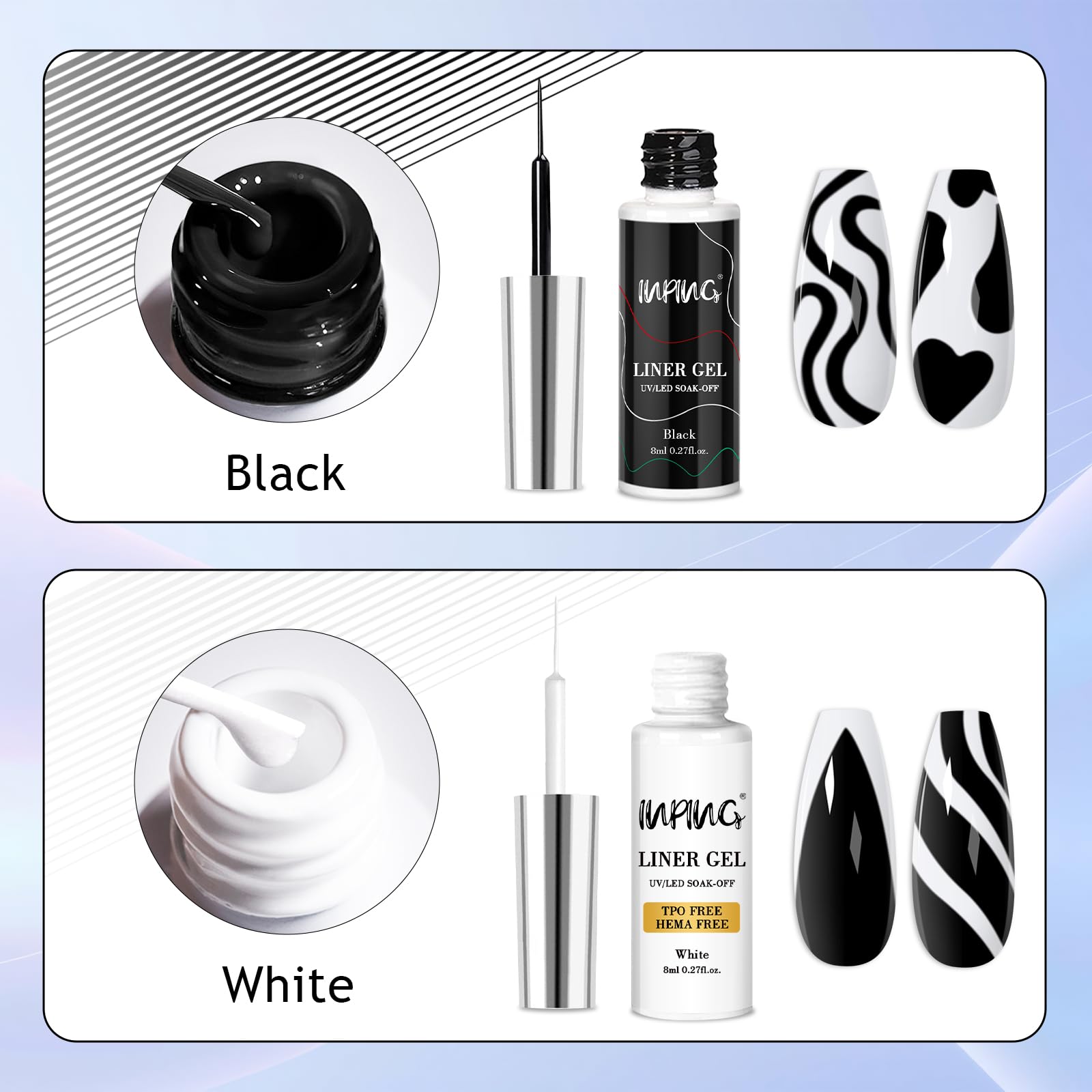 INPING 2 szt. Liner Gel Nail Art, TPO-FREE HEMA-FREE, 2 kolory biały i czarny liniowy lakier półtrwały, lakier żelowy UV, lakier do paznokci, francuski manicure dla początkujących, 8 ml