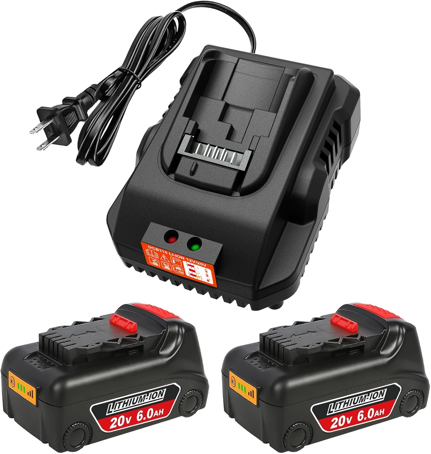 20V Max Battery Replacement 2-Pack for Dewalt Battery - Upgraded 6.0Ah High Capacity with DCB112 Battery Charger Station for DCB200 DCB120(Black)