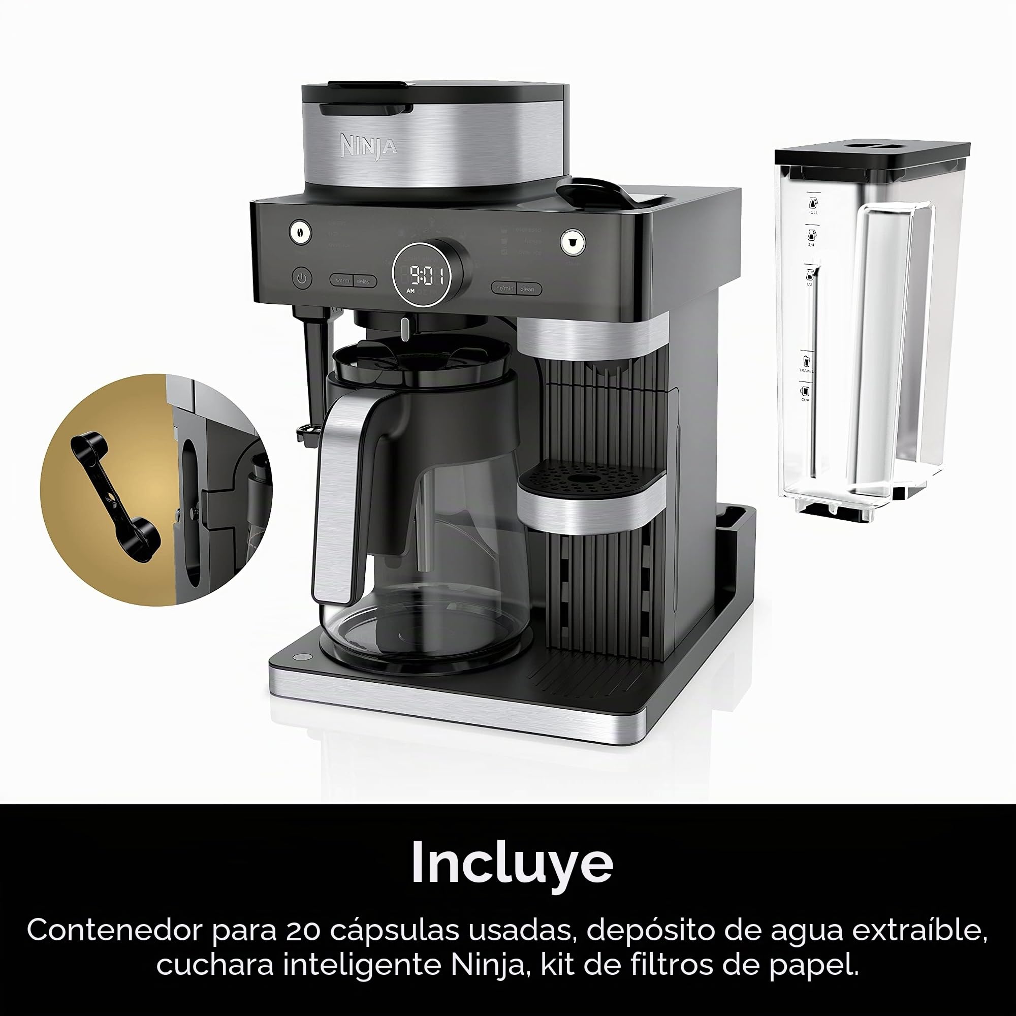 Ninja CFN601 Espresso & Coffee Barista System, 3 estilos de preparación de espresso, compatible con café de una sola porción y cápsulas Nespresso, jarra de 12 tazas, espumador integrado, máquina de