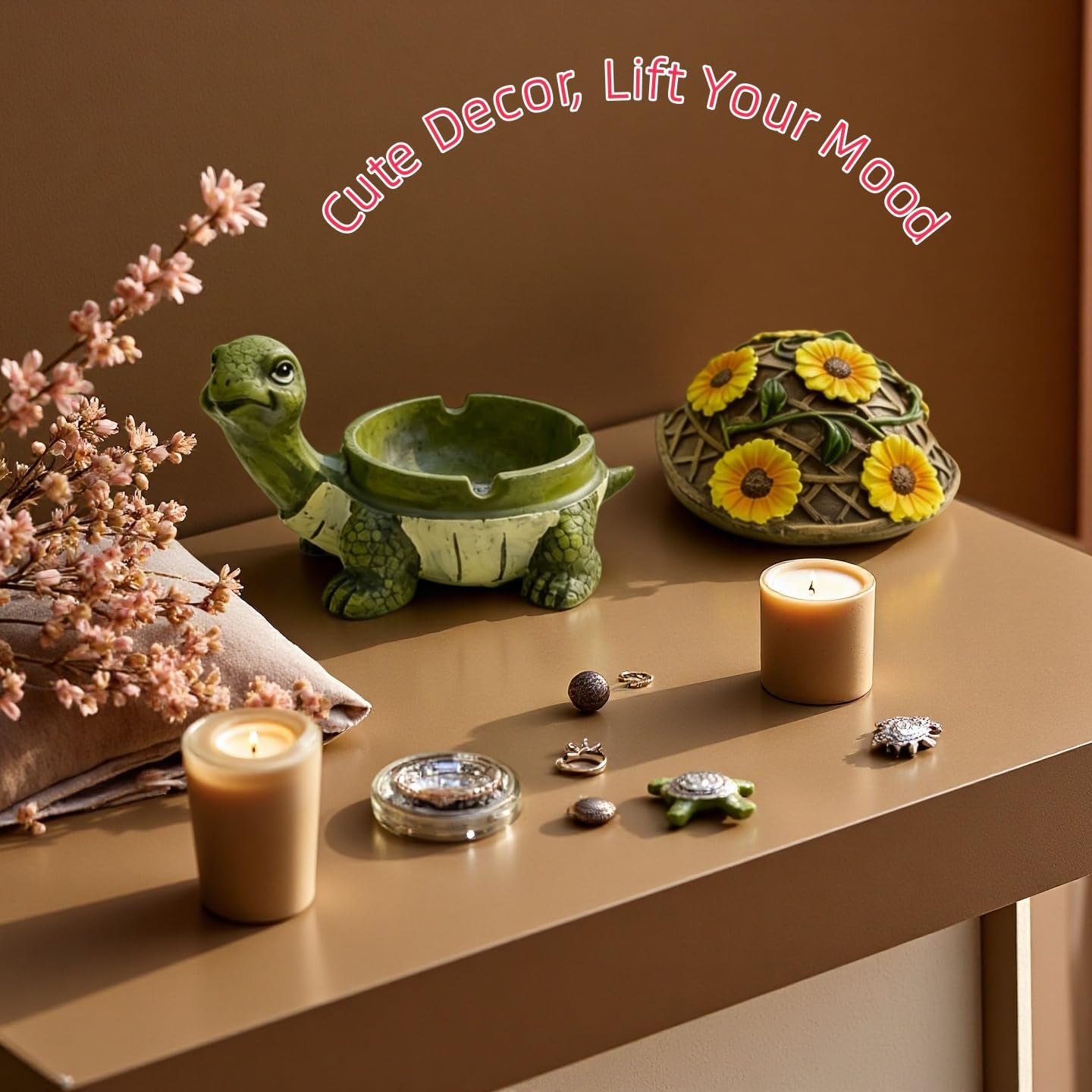 Turtle Ashtray with Lid, Resin Sunflower