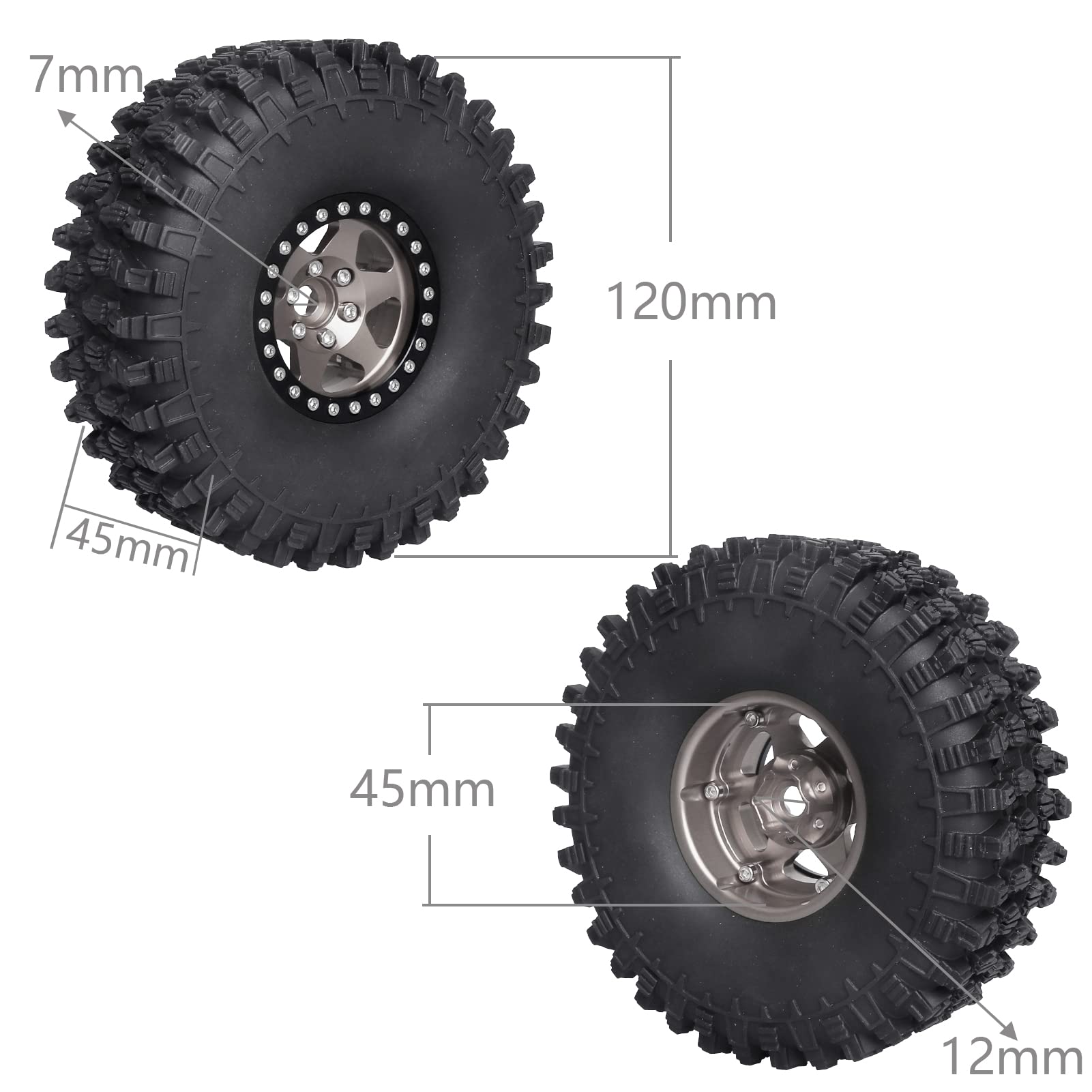 HobbyPark 1.9 Beadlock Wheels and Tires 120mm / 4.72inch Height and Mounting Install Tool for 1/10 RC Crawler with Foam Inserts,Set of 4 (Gray&Black)