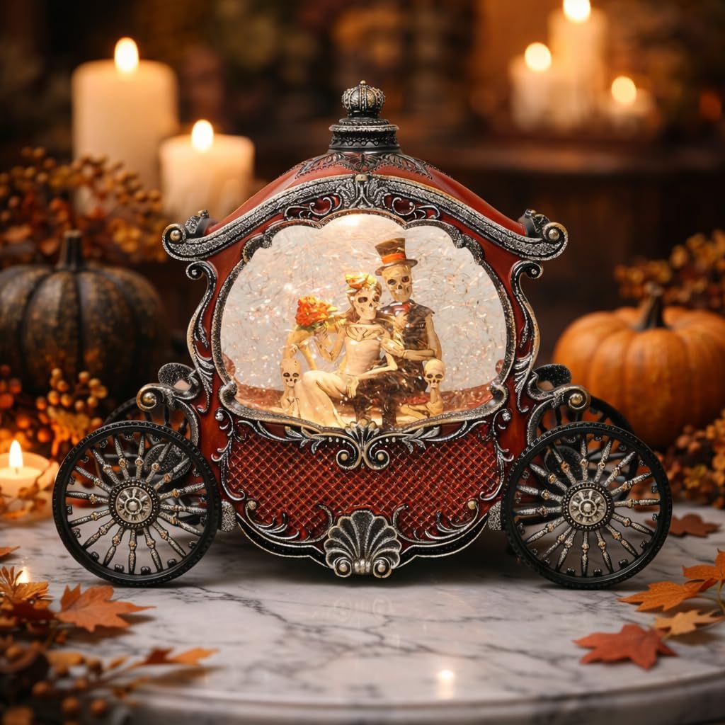 Midnight Manor Acrylic Water Globe Halloween Wedding Carriage LED Lighted Water Glittering Snow Globe Lamp for Spooky Fall Halloween Indoor Decoration