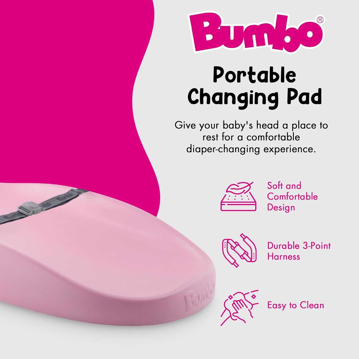 Bumbo 2 Pack Baby Changing Pads for Dresser or Table Top, Portable & Wipeable Non Slip Soft Contoured Diaper Change Station with Harness, Cradle Pink