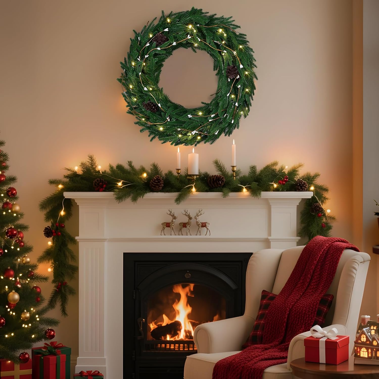 ELYKEN 22'' Christmas Wreath with 30 LED Lights for Front Door, Xmas Wreath with Hanger, Pre-Lit Artificial Wreath Christmas Decorations with Red Berry for Indoor Outdoor Use - Image 7