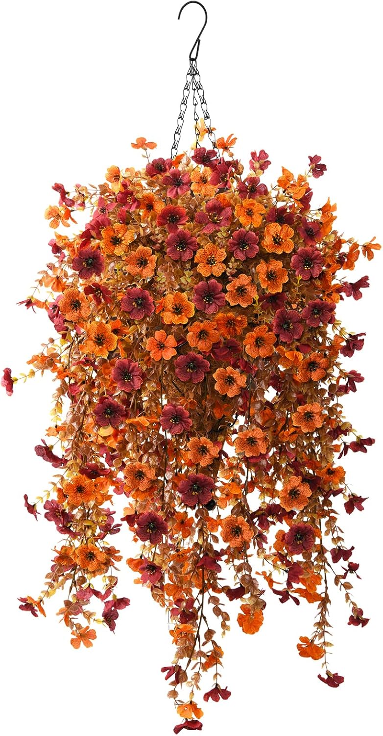 Fall Artificial Fake Mums Hanging Flowers Plants Basket for Outdoor Decoration,Faux Silk Daisy planters UV Resistant Look Real for Home Porch Patio Balcony Yard Autumn Decor (Orange Brown)