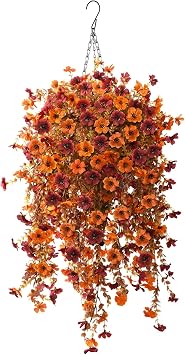 Fake Mums Fall Artificial Hanging Flowers Baskets for Outdoor Decoration