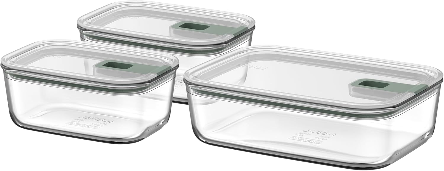 Mepal - Set Glass Food Container EasyClip - Container with lid & sliding closure - Meal prep boxen - Suitable for microwave, steamer, refrigerator and freezer - 2x 700 + 1500 ml - Nordic sage