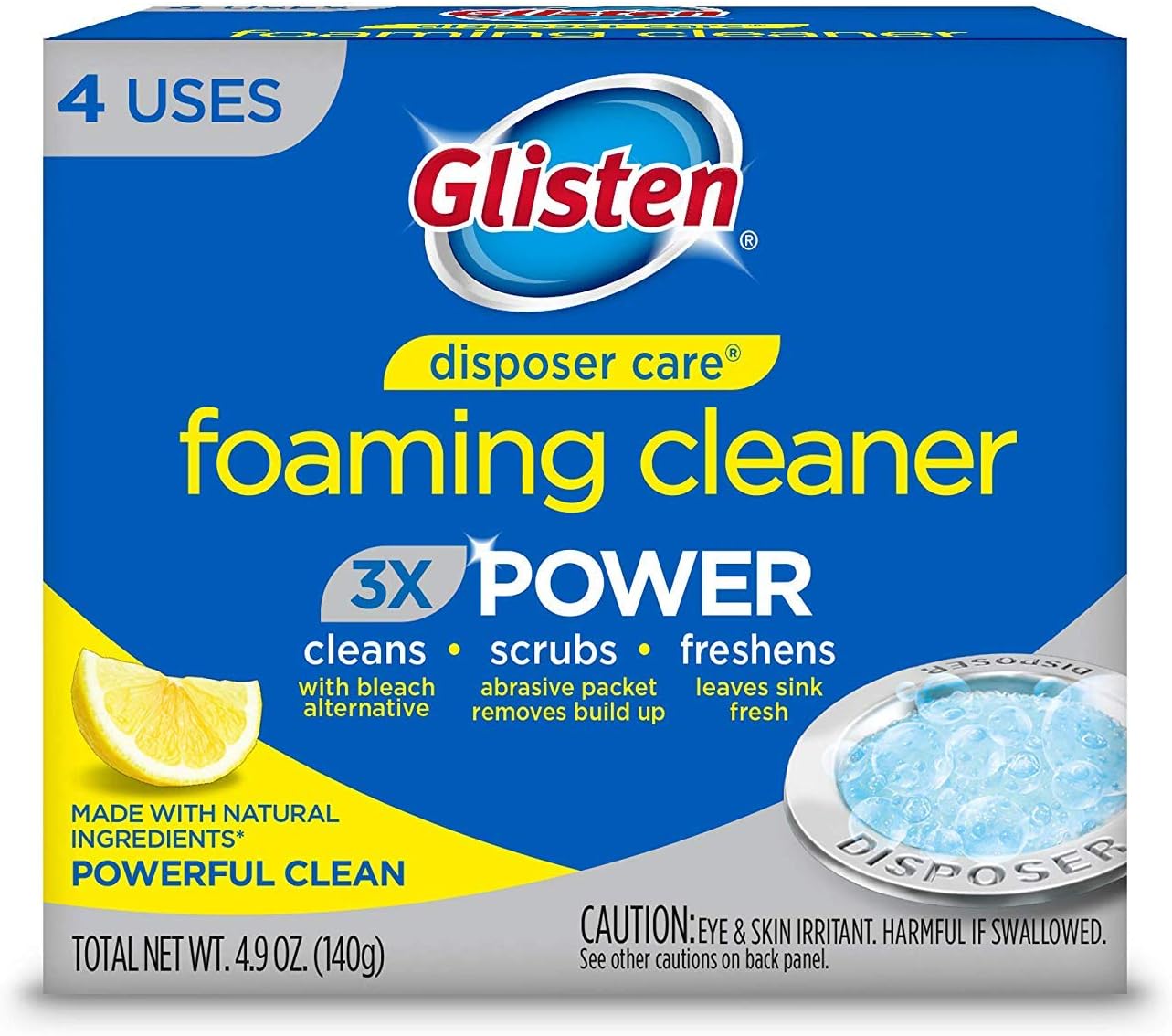 Glisten Garbage Disposal Cleaner and Odor Eliminator with Foaming Action, Removes Buildup and Cleans, Lemon Scent, 4 Uses