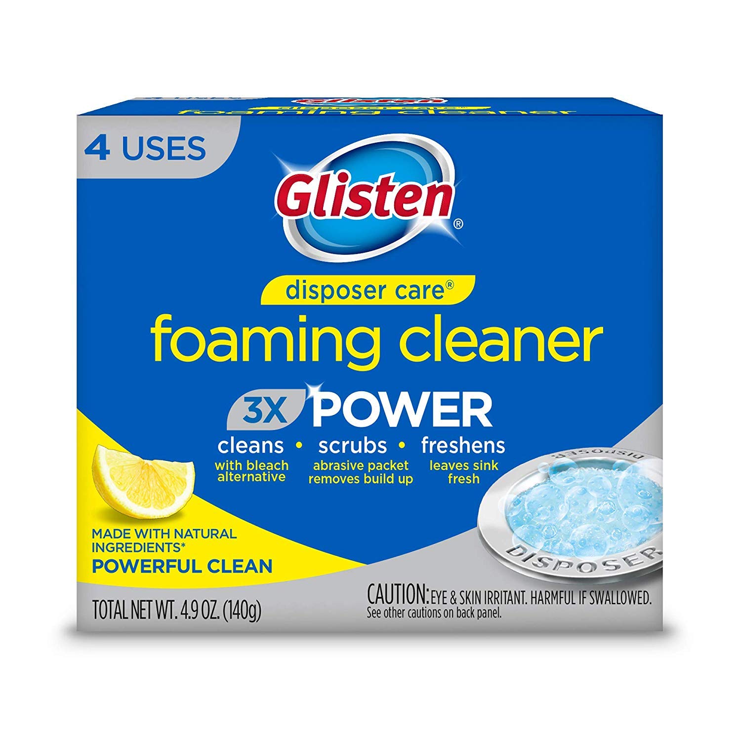 Glisten Disposer Care Garbage Disposal Cleaner & Odor Eliminator, Foaming Action, Lemon Scent, 4 Uses