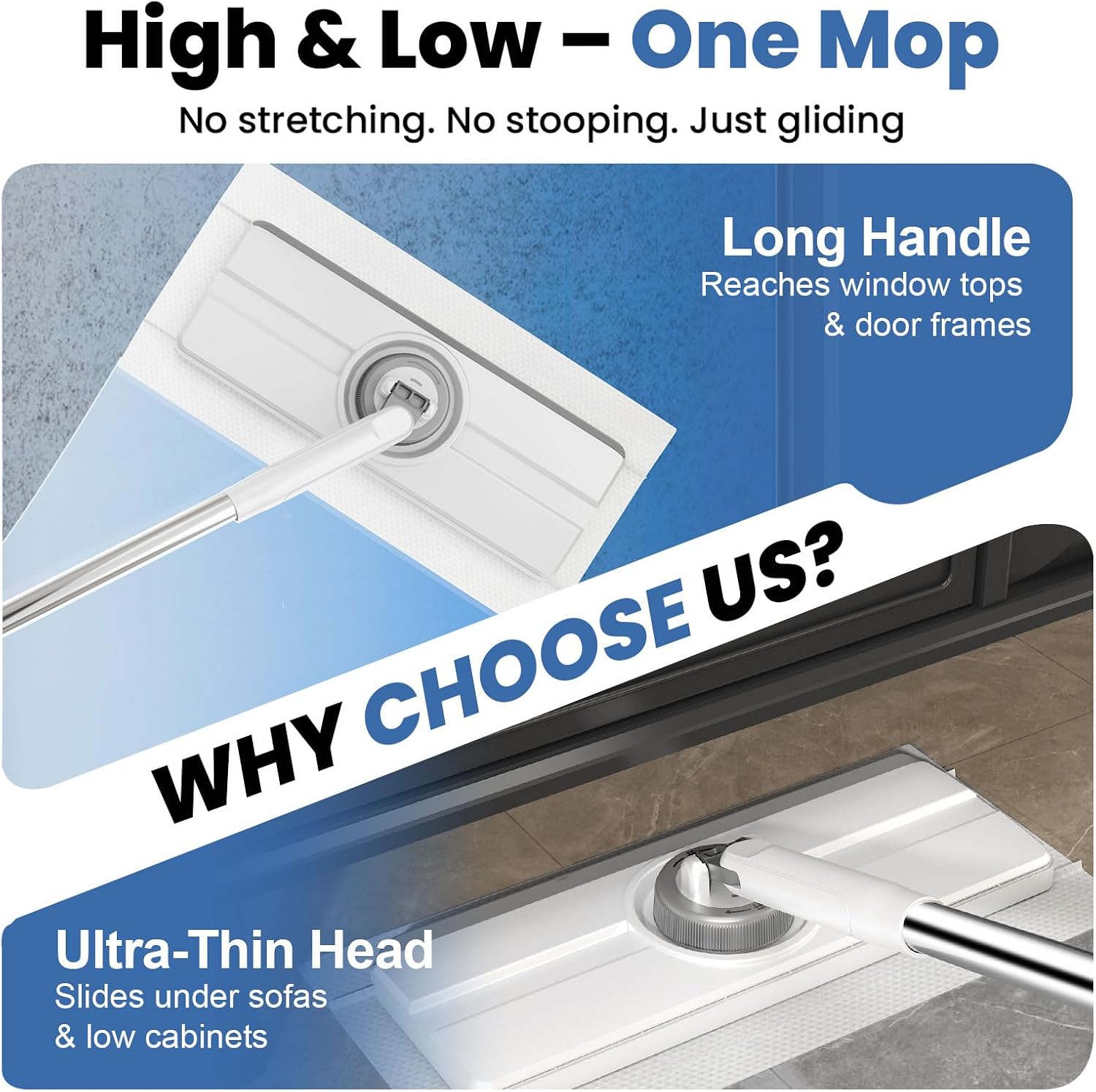 13" Wide Flat Mop with Snap-Grip Cloth Lock, Disposable Clamp Mop