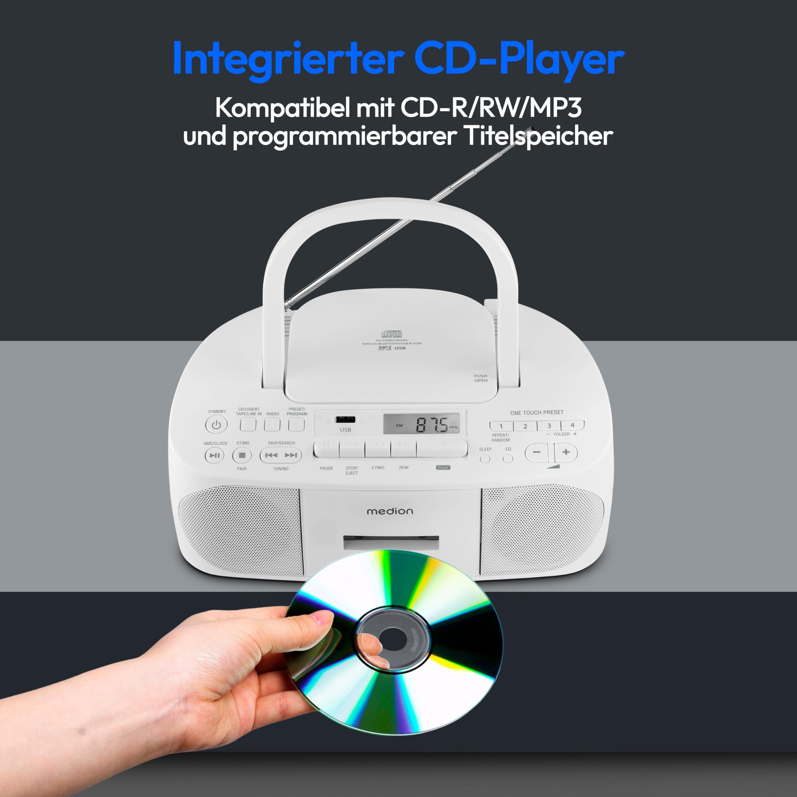 MEDION E65010 Stereoradio (CD-Player, Kassette, USB Anschluss, AUX Audioeingang, MP3-Widergabe. UKW PLL Radio,40 Senderspeicher, Batteriebetrieb, Fernbedienung) weiß