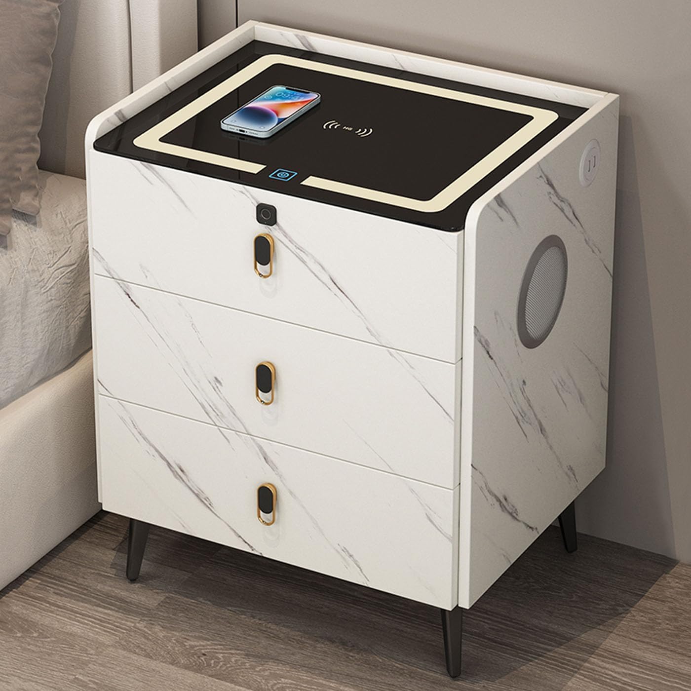 BHGFYXBS Bedside Tables With 2 Or 3 Drawers,Nightstand With Charging Station,Fingerprint Lock,3-Color Led Lights,White-40X46Cm,White-40X46Cm,White-40x46cm