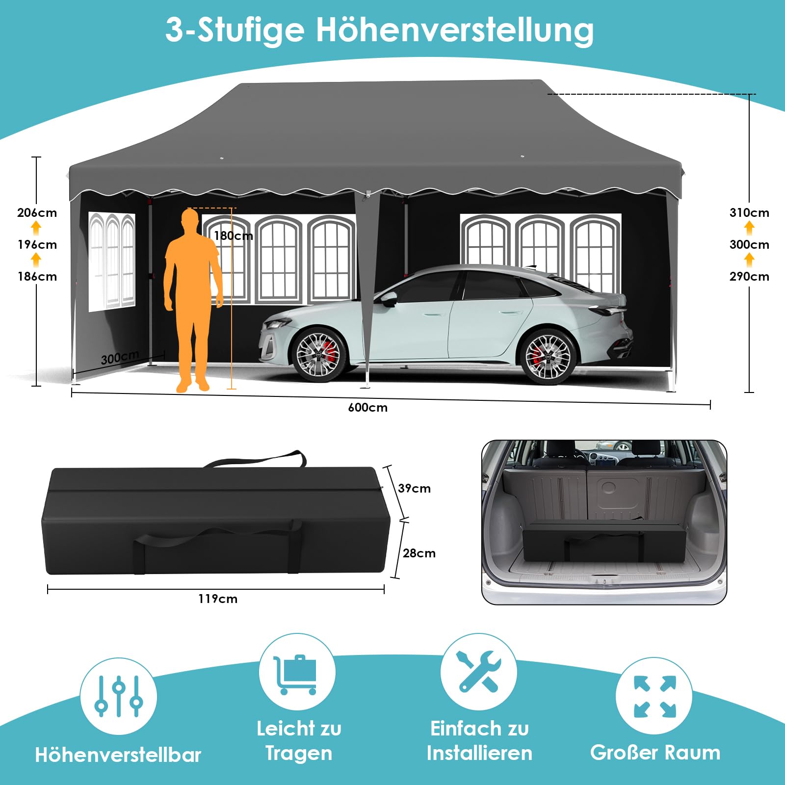 Pavillon 3x6 mit 6 Seitenwänden, Faltpavillon 3x6 Wasserdicht Stabil Winterfest, Faltbar Partyzelt 3 x 6, Anti-UV 50+ Gartenpavillon, 6 PCS Sandsack 12 Erdhaken, für Markt, Hochzeiten, Patio, Grau