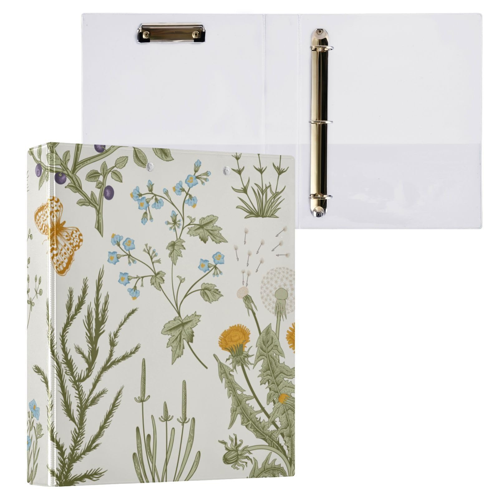 3 Rings Binder 1.5 Inch Vintage Floral Herbs Flower Green with Interior Pockets 1 Pack School Supplies Binders Hardcover
