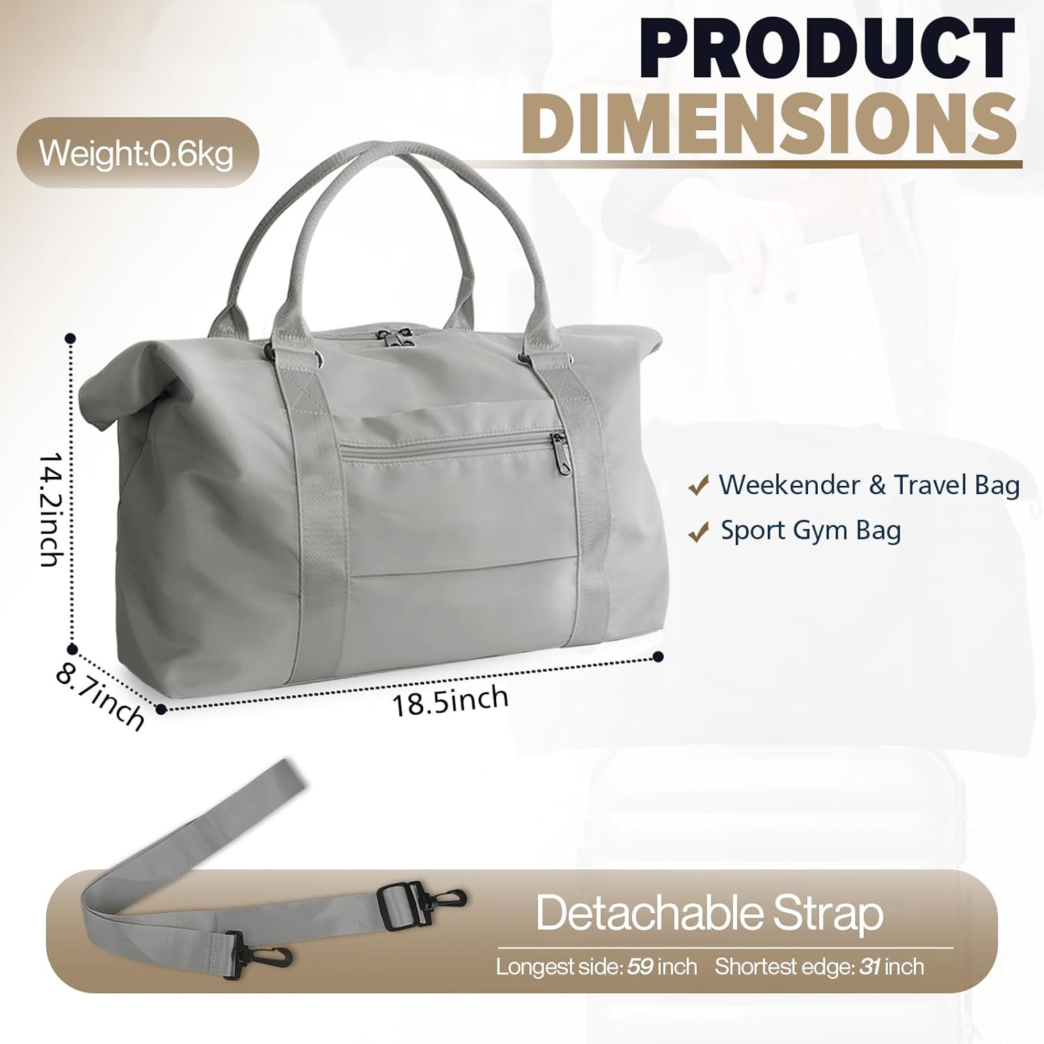 Travel Duffle Bag, Weekender Travel Bag Men Small Gym Bag for Women, Hospital Bag for Labor and Delivery, Overnight Bag Luggage Bag with Trolley Sleeve, Airplane Travel Essentials for Flying(Grey) - Image 4