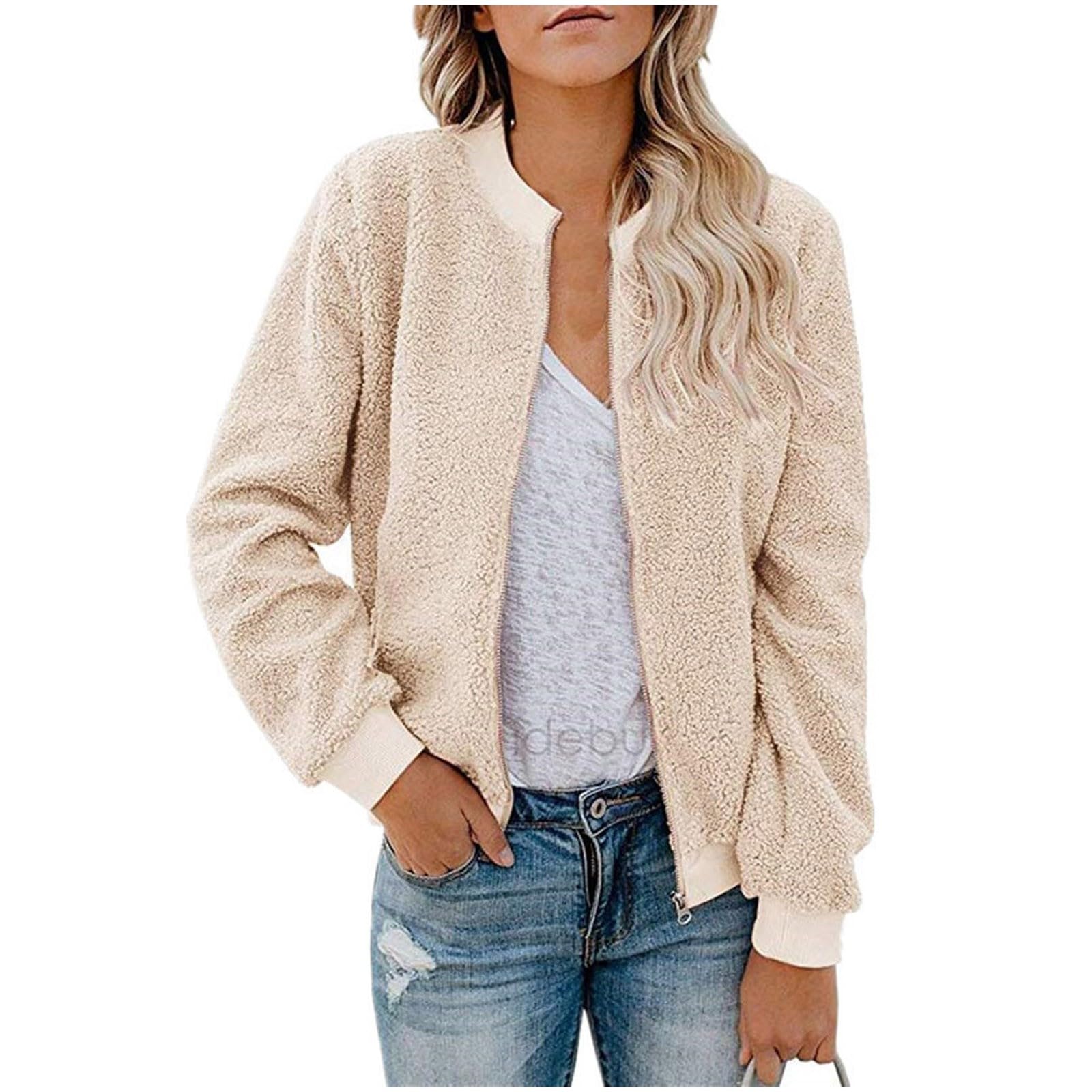 Damen Bomberjacke Frauen Warm Einfarbig Teddy-Fleece Zipper Stehkragen Langarm Kurz Fliegerjacke mit Tasche Herbst Winter Plüsch Reißverschluss Jacket Loose Plüschjacke Übergangsjacke Pilotenjacke