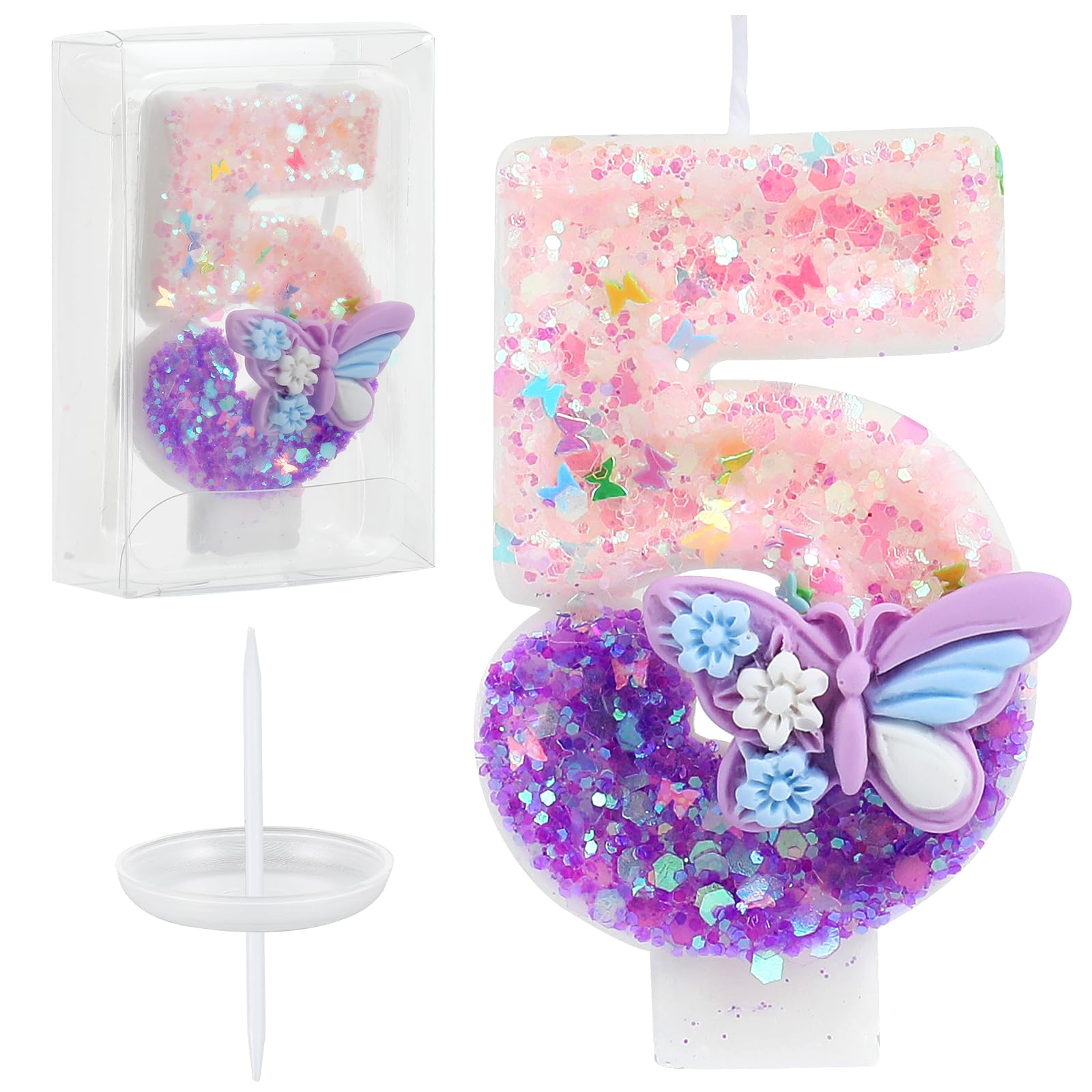 Velas de cumpleaños con diseño de mariposa rosa y morada, velas de cumpleaños para tarta con purpurina número 5, decoración de pastel con lentejuelas para niñas y mujeres, suministros de celebración