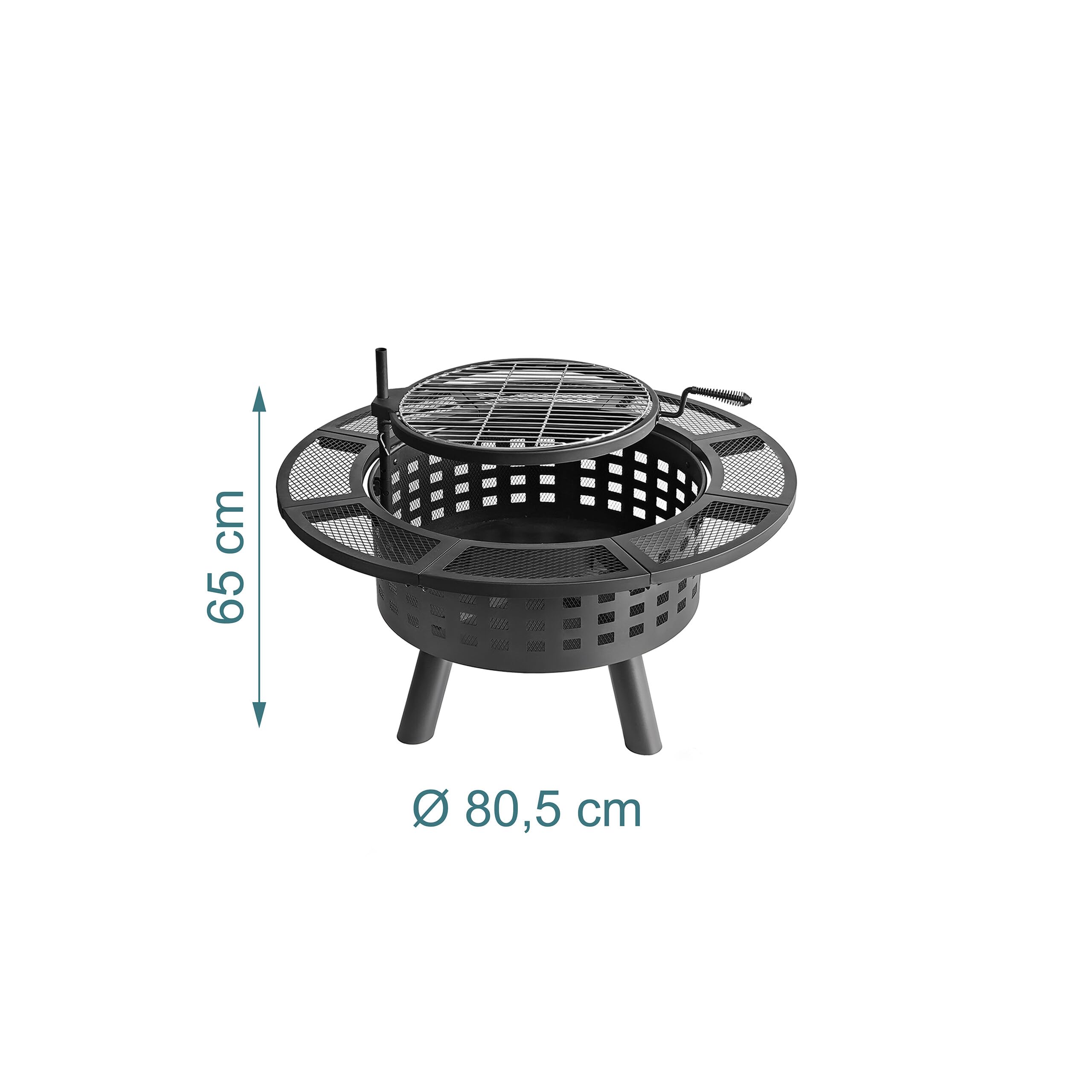 Relaxdays Feuerschale, Ø 80,5 cm, Verstellbarer Grillrost, Deckel & Schürhaken, Feuerstelle Garten, Feuerkorb, schwarz