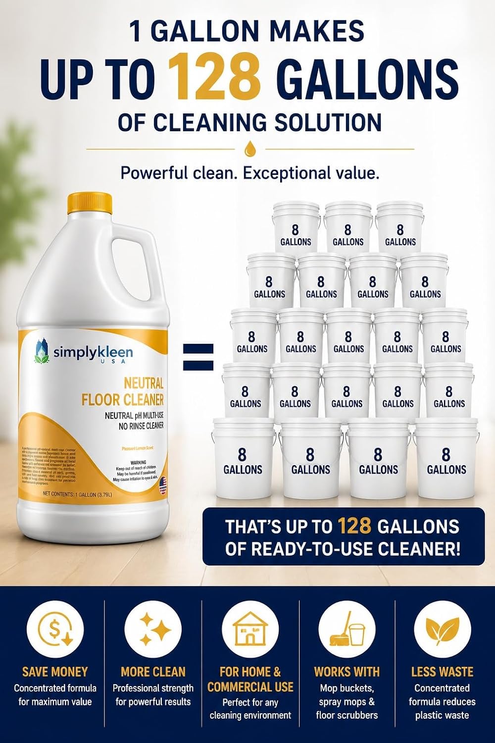 Neutral Floor Cleaner Concentrate – Pro pH Neutral Multi Surface Cleaner for Hardwood, Tile, Vinyl, Laminate, Stone & Sealed Floors – No Rinse – Makes Up to 128 Gallons – 1 Gal