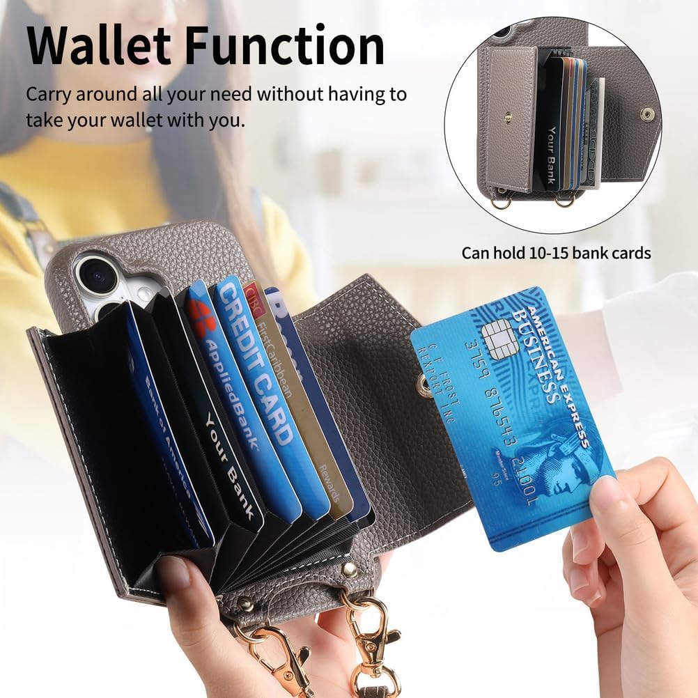 Crossbody Case for iPhone 17/17 Pro/17 Air/17 Pro Max, Stylish Wallet Leather Cover with Card Holder and Makeup Mirror Phone Case,17pro,Black