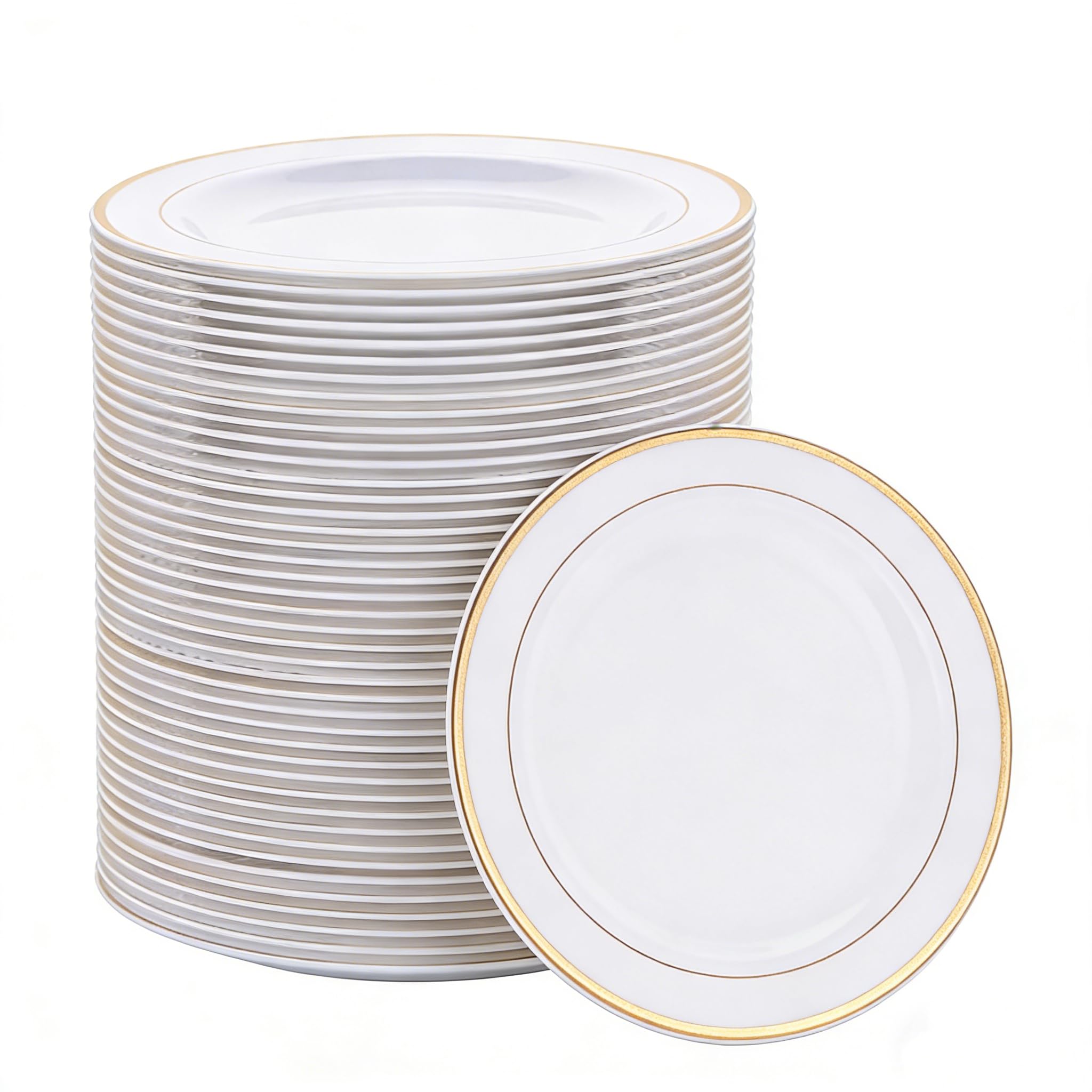 Juego de 40 platos de plástico blancos de 26 cm, platos de plástico reutilizables, platos de plástico reutilizables, platos de fiesta, vajilla de plástico, platos de fiesta con borde dorado