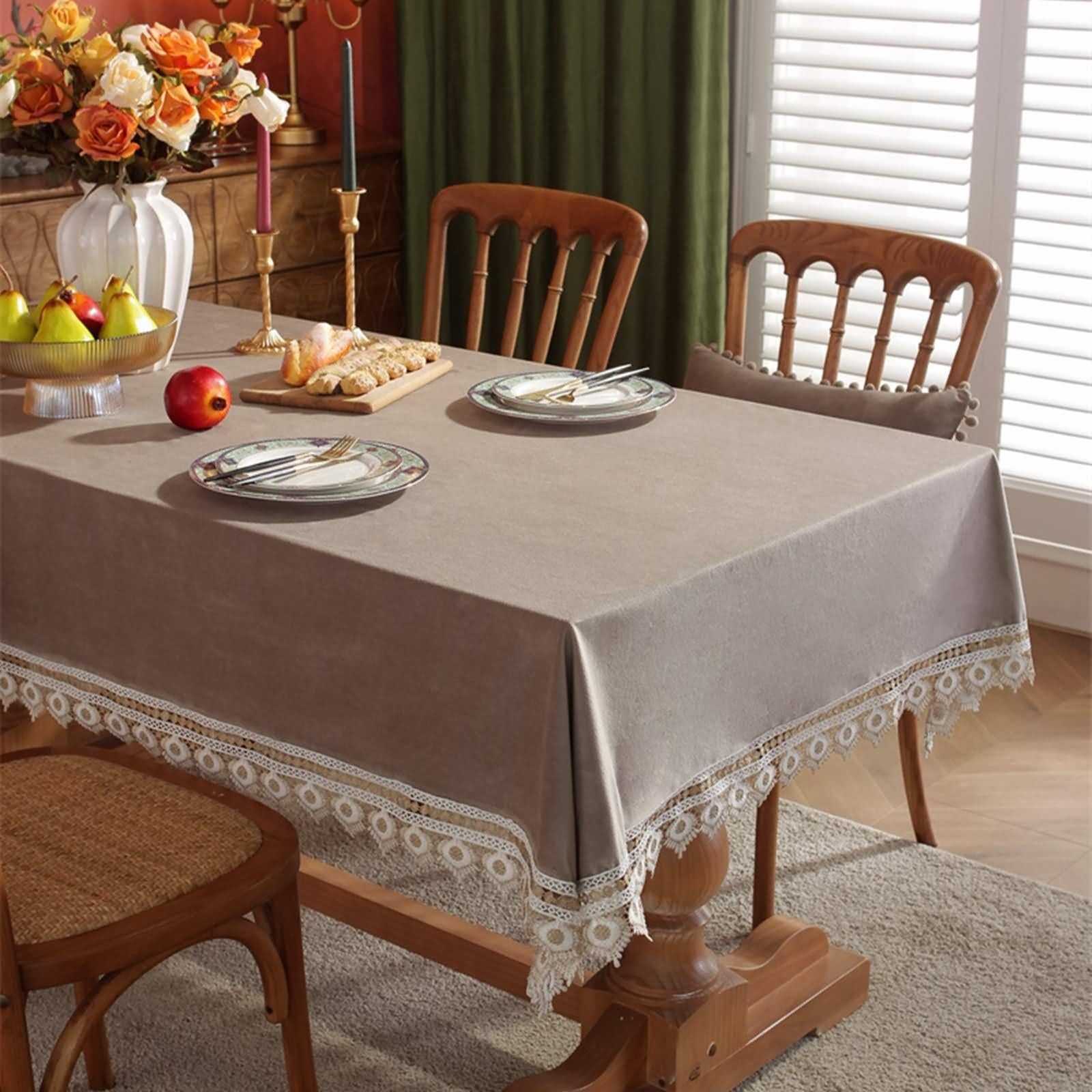 Mantel Rectangular Antimanchas Color Sólido con Encaje Mantel Poliéster Mesa Gris,140x260CM