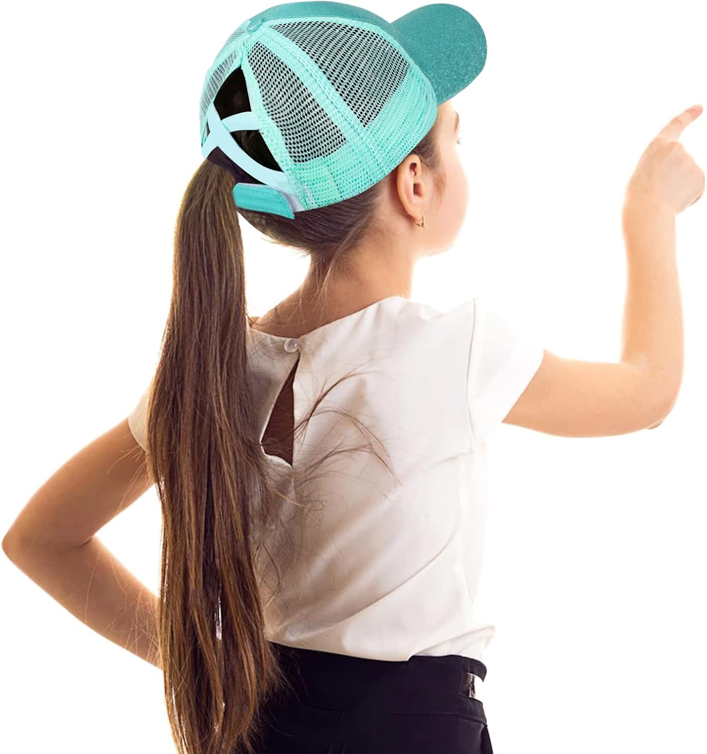 Girls Glitter Baseball Cap Criss Cross Hat, Girl High Ponytail Hat - Kids Trucker Hat with High Bun Messy Ponytail(Ages5-15) - Image 3