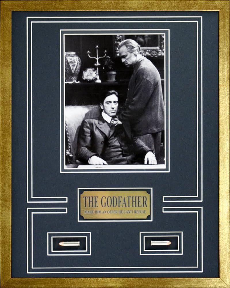 The Godfather Movie Memorabilia Marlon Brando and Al Pacino Framed Movie Photo, Plate, Bullets Custom Made Real Wood Modern Gold Frame (17 x 21)