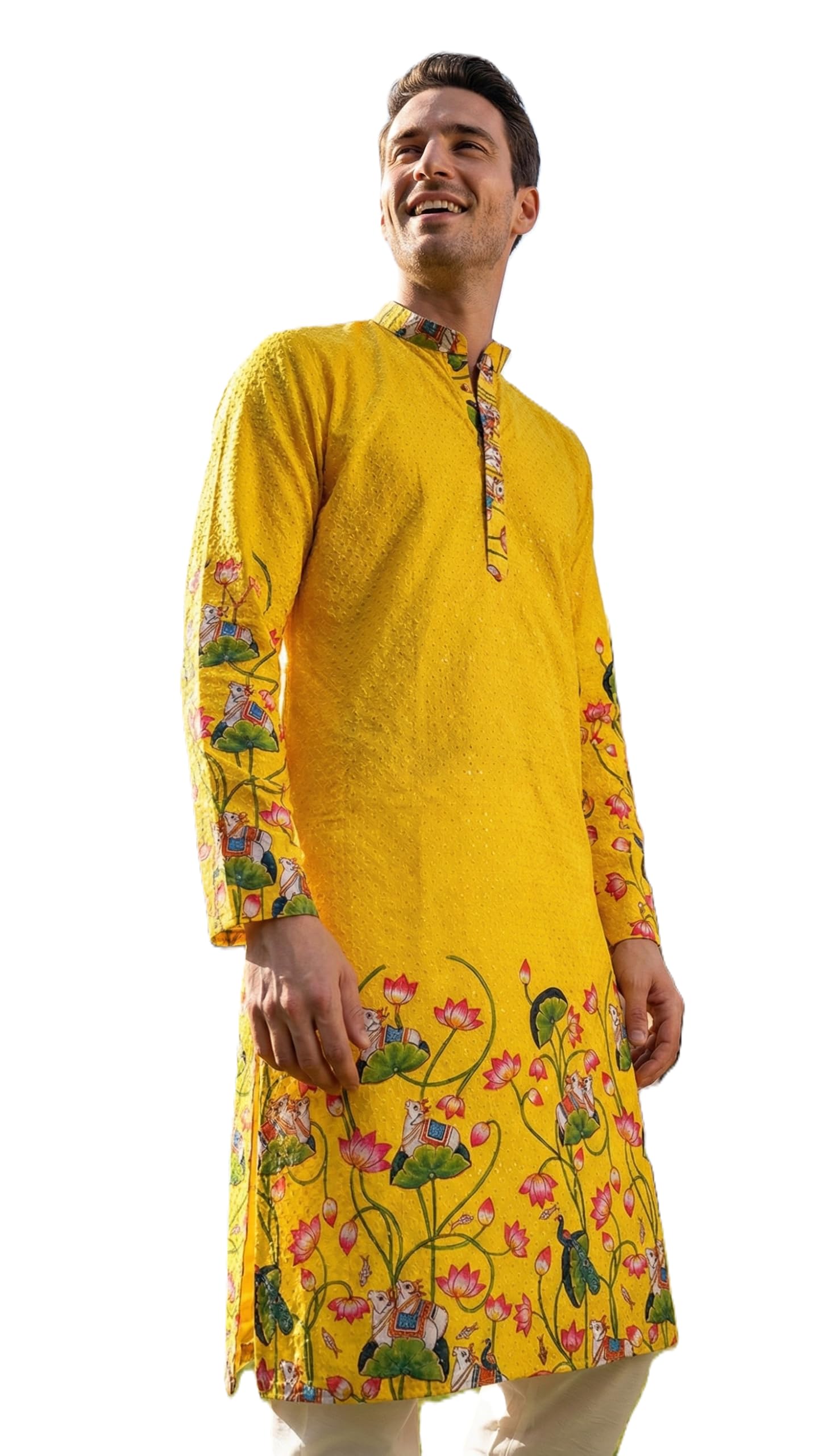 Traditional Printed Cotton Kurta for Men | Men’s Festive Printed Kurta | Ethnic Long Kurta with Royal Palace & Animal Motif Design | Ideal for Weddings & Celebrations-image-29