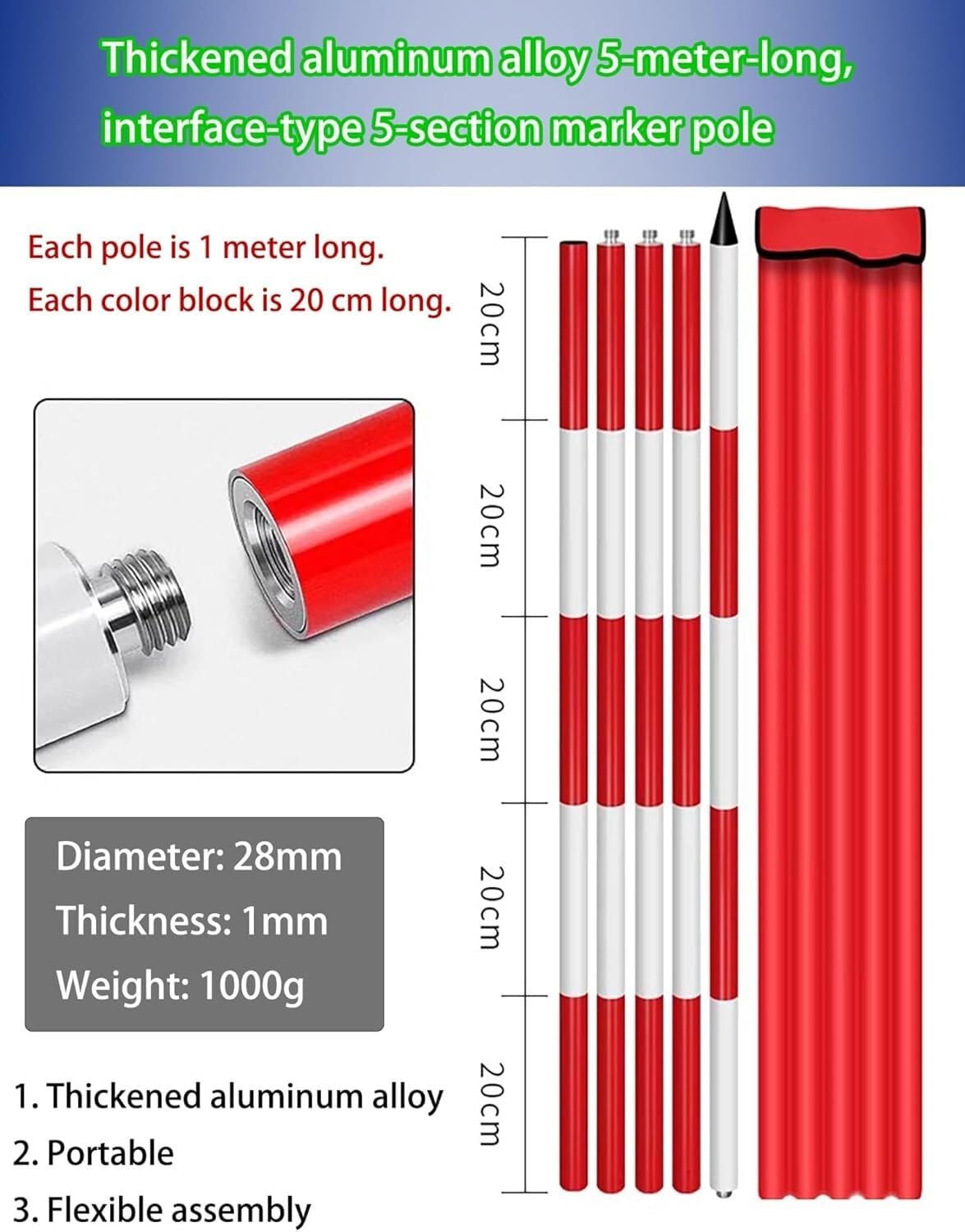 Cinta métrica Ligera Poste topográfico de Aluminio con Varilla de centrado Desmontable | 2 meters (6.56 ft)