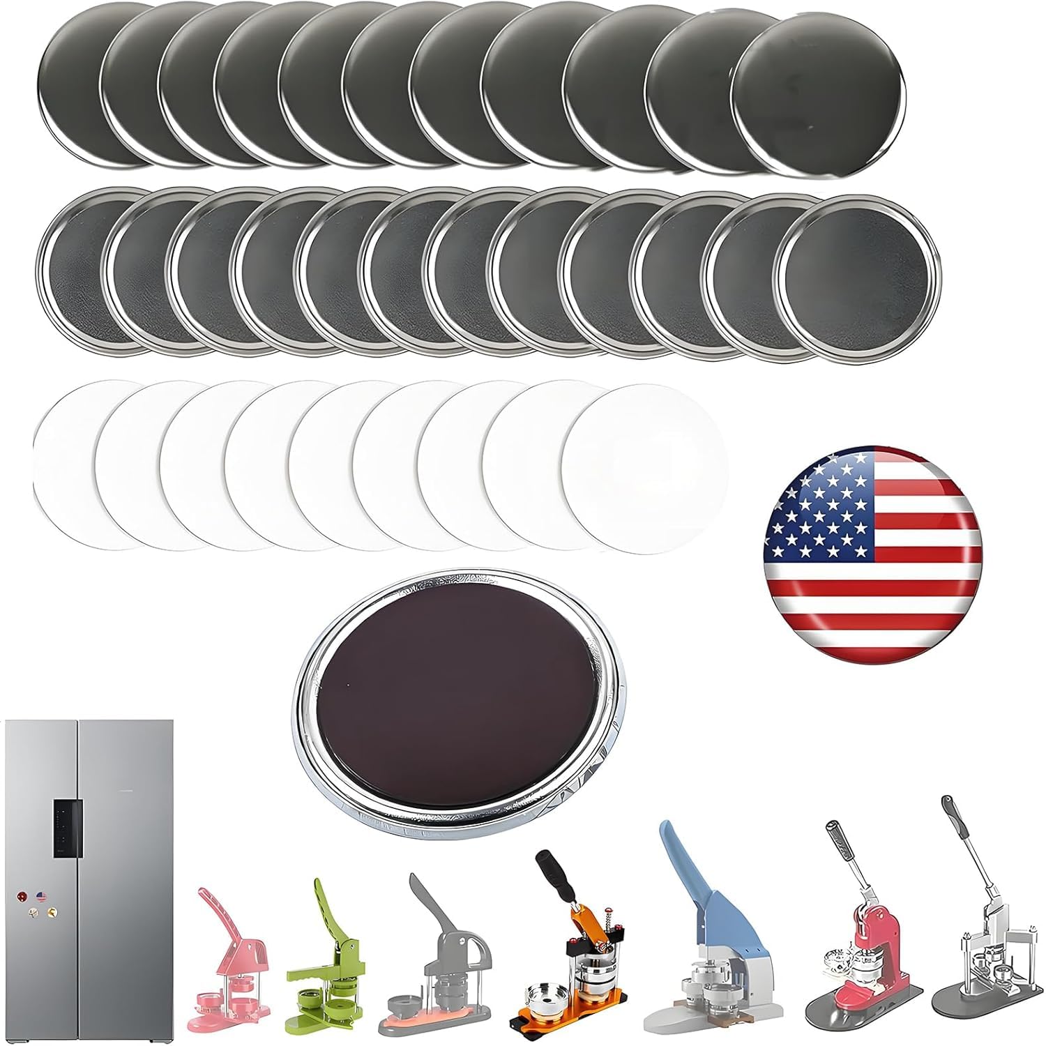 Photo 1 of 100 Sets Round Magnet Maker Supplies, 58mm/2.25in DIY Photo Refrigerator Sticker Button Parts Press Machine Consumables, Including Metal Cover, Back Cover, Clear Film, Soft Magnet