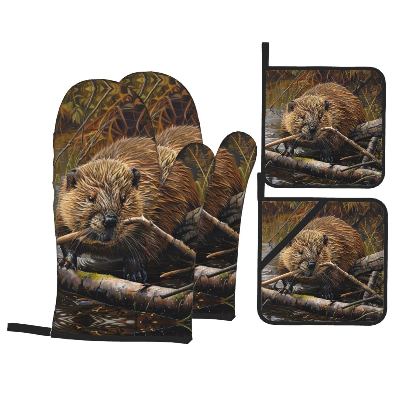 beaver working Print Stylish 4-Piece Microwaving Oven Waterproof Kitchen Gloves Baking Holiday Cooking