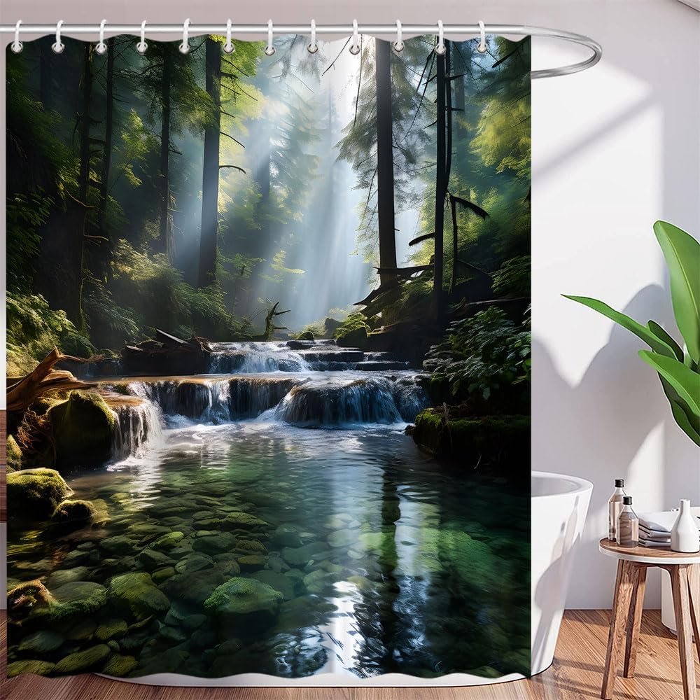Misty Forest Shower Curtain Waterfall Green Tree Tropical Rainforest Lake Fog Jungle Nature Landscape Spring Summer Theme Polyester Curtains Bathroom Decor with Hooks 84" Wx70 H