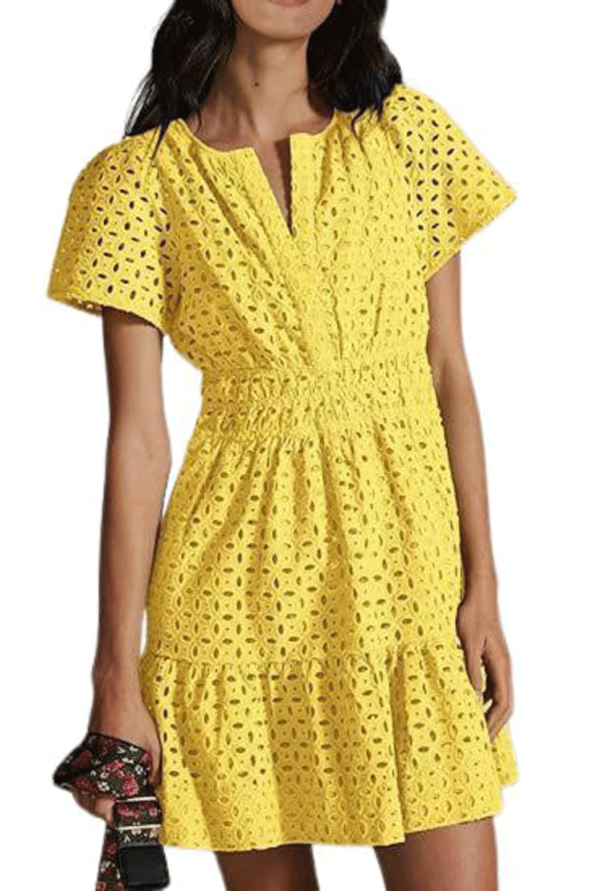 utcoco Lace Eyelet Mini Dress for Women 2025 Casual V Neck Short Sleeve Smocked Waist Tiered Boho Sun Dresses