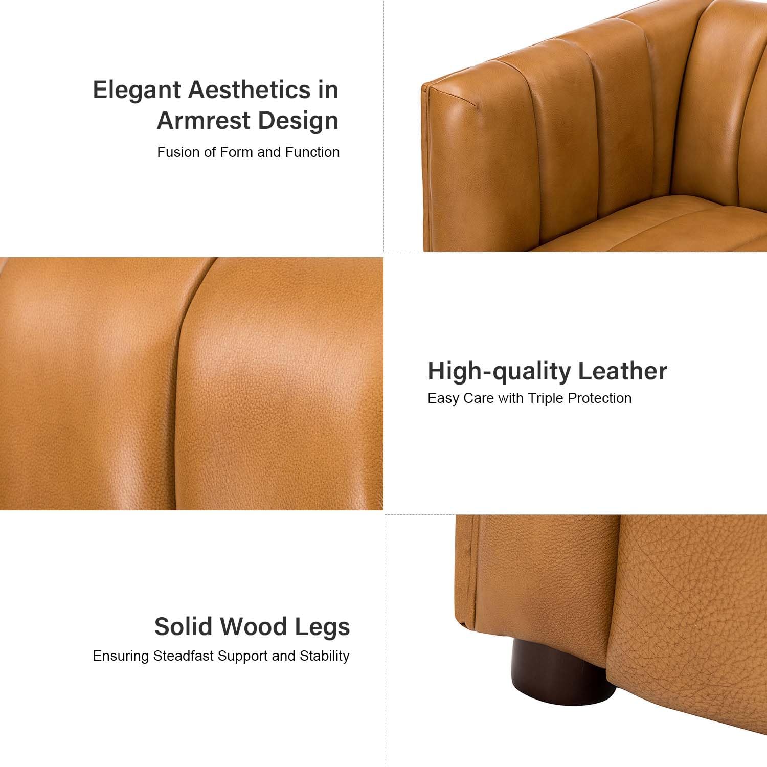 83" Genuine Leather Sofa, Modern 3-Seater Sofa with Wood Legs, Oversized Couch for Living Room Bedroom, Channel Tufted Design, Camel