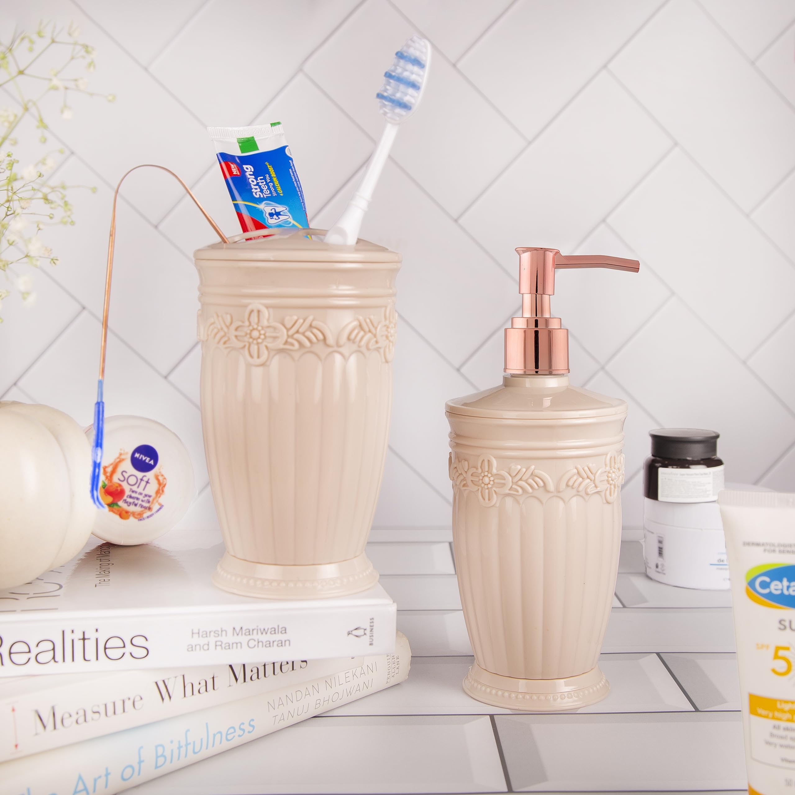Nayasa Bianca Bathroom Set 2 Piece Plastic Bathroom Accessories Set, Soap Dispenser & Tooth Brush Holder Luxury Bathroom Set, for Home & Kitchen, Cream 1