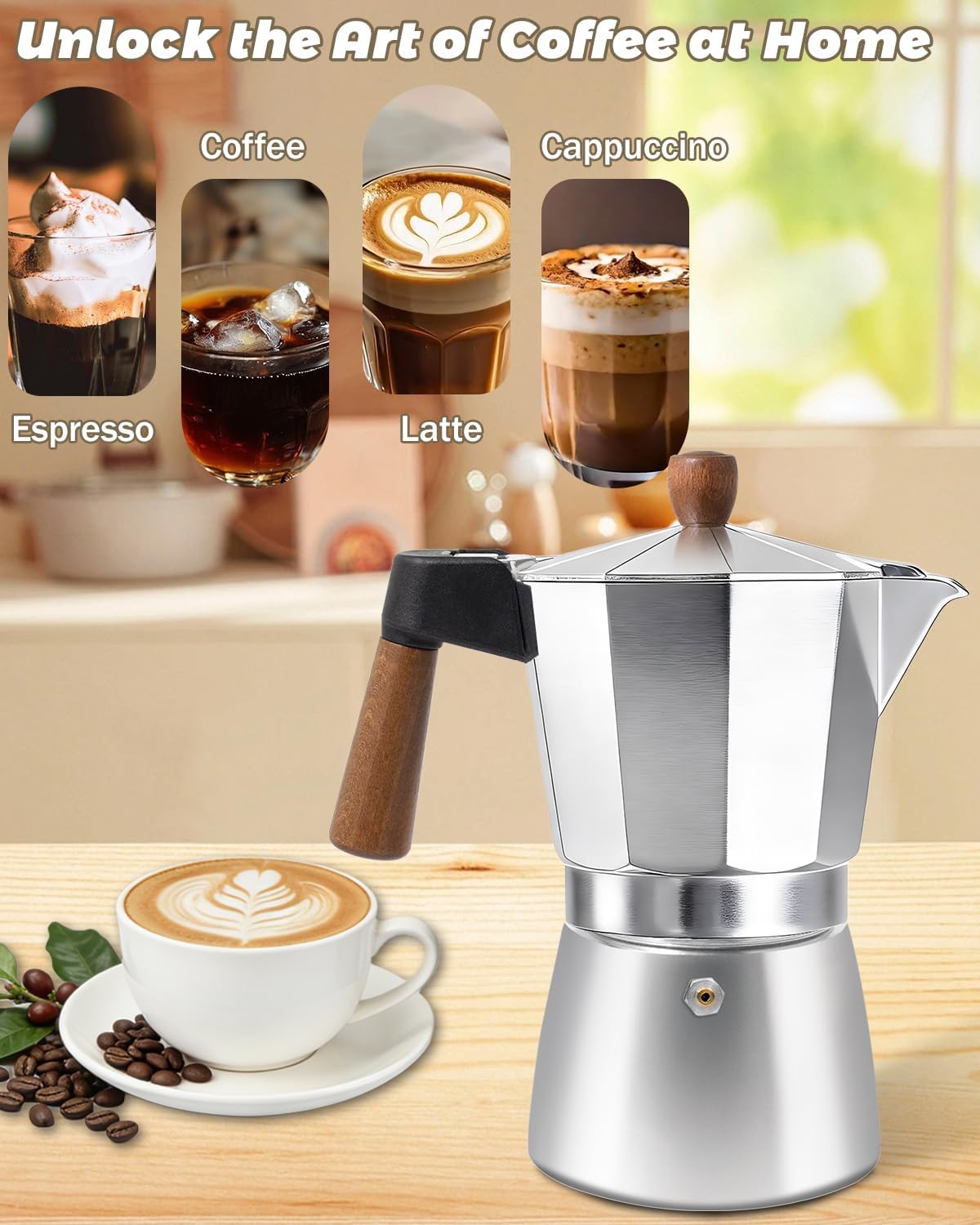 Coffee Maker Stovetop Espresso Maker with Wood Handle 3 Cup image 4